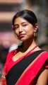 Young woman in traditional red and black attire.