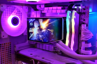 Computer case with rgb lighting and small display.