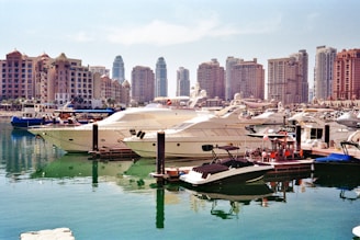 Luxury yachts docked in a modern harbor with city skyline.