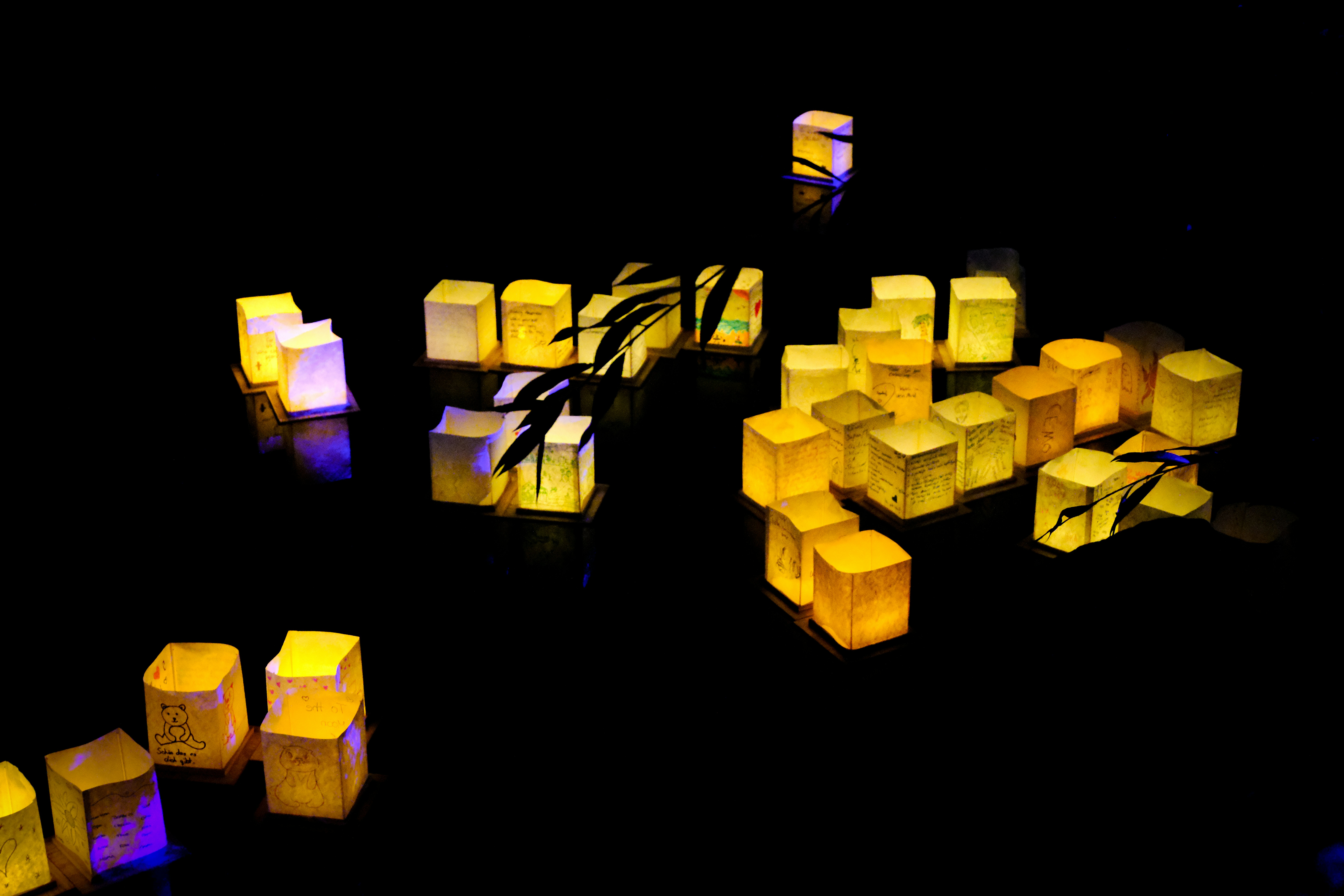 Glowing paper lanterns floating on dark water
