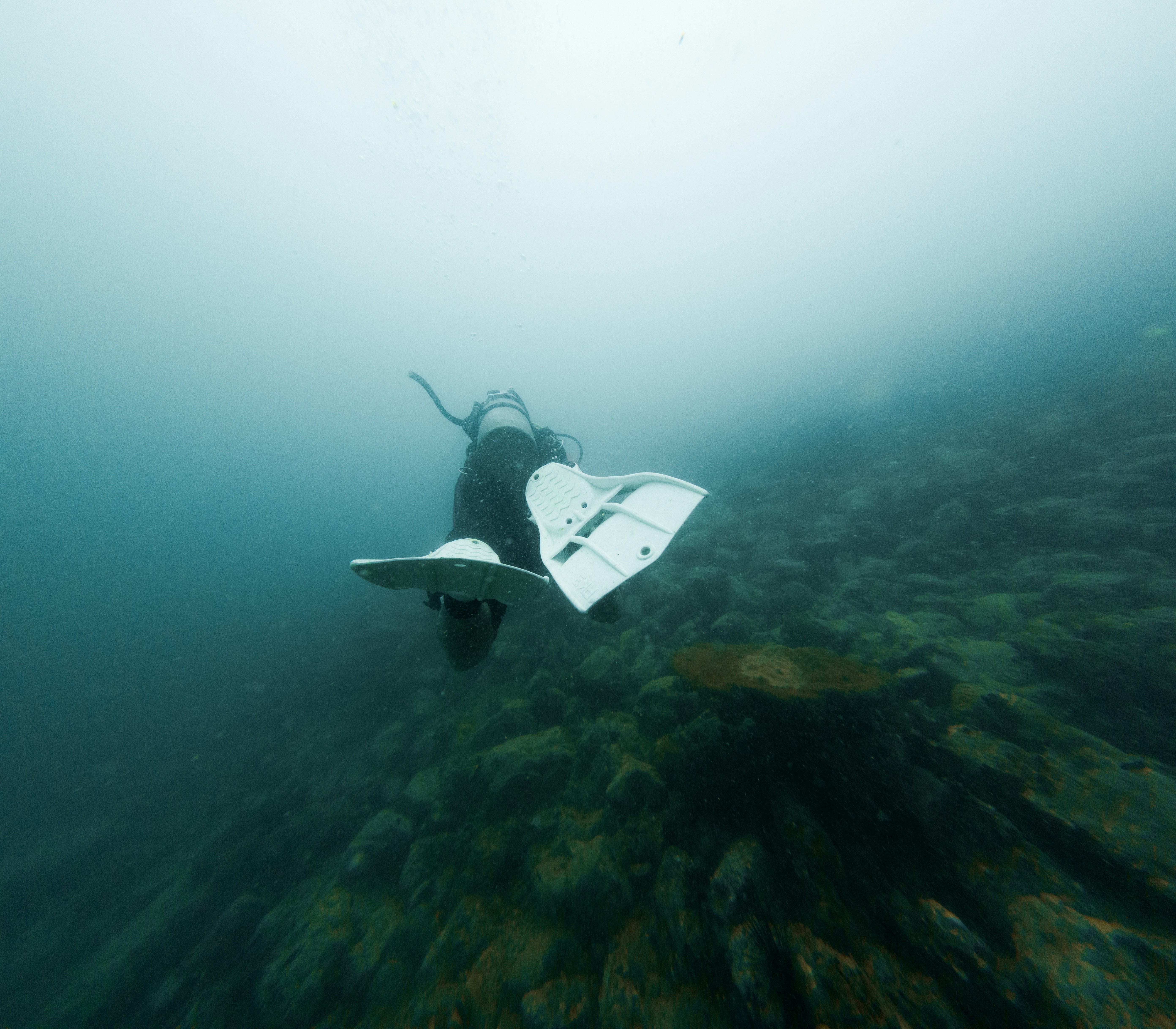 Scuba diver explores a rocky underwater reef