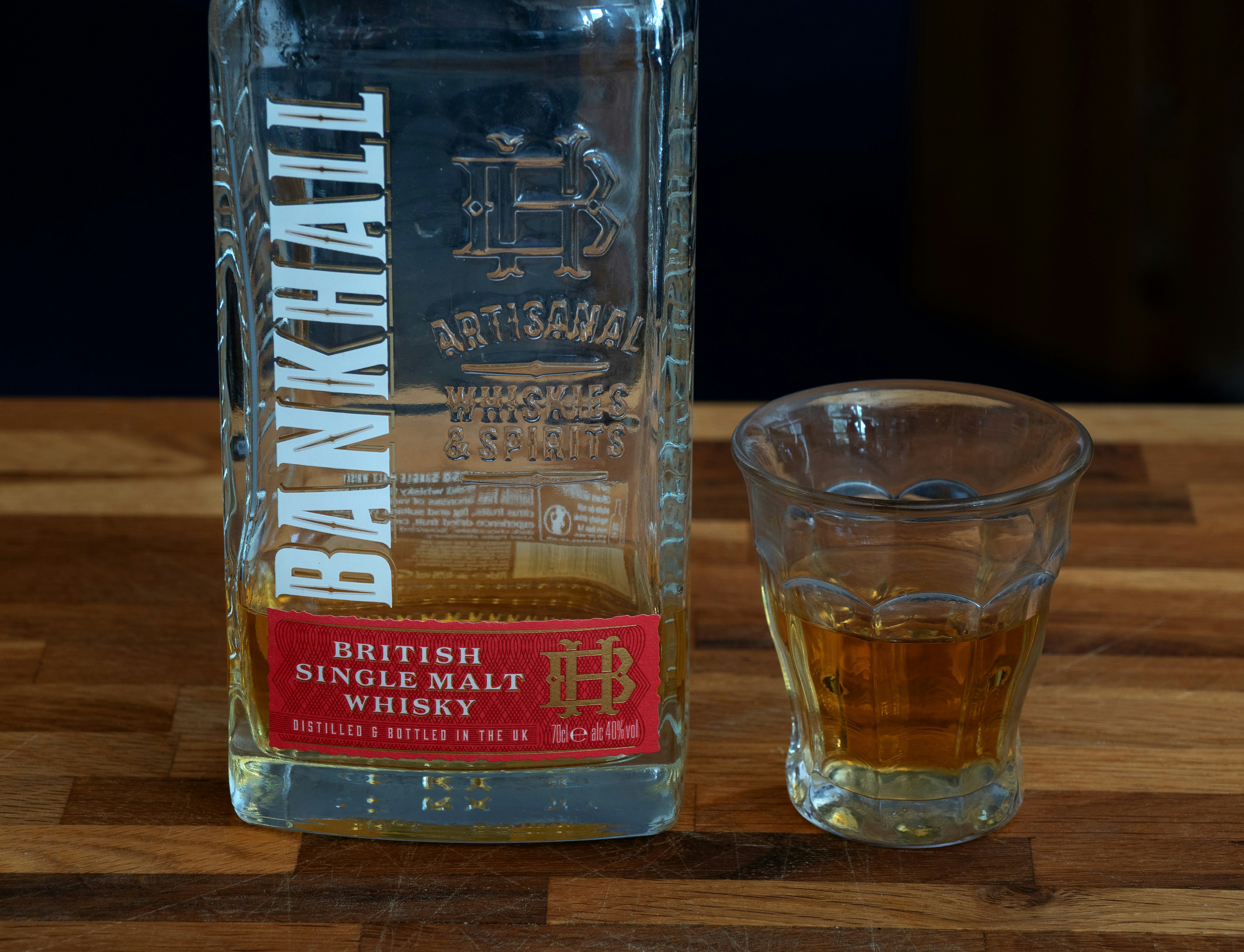 Bankhall british single malt whisky bottle and glass