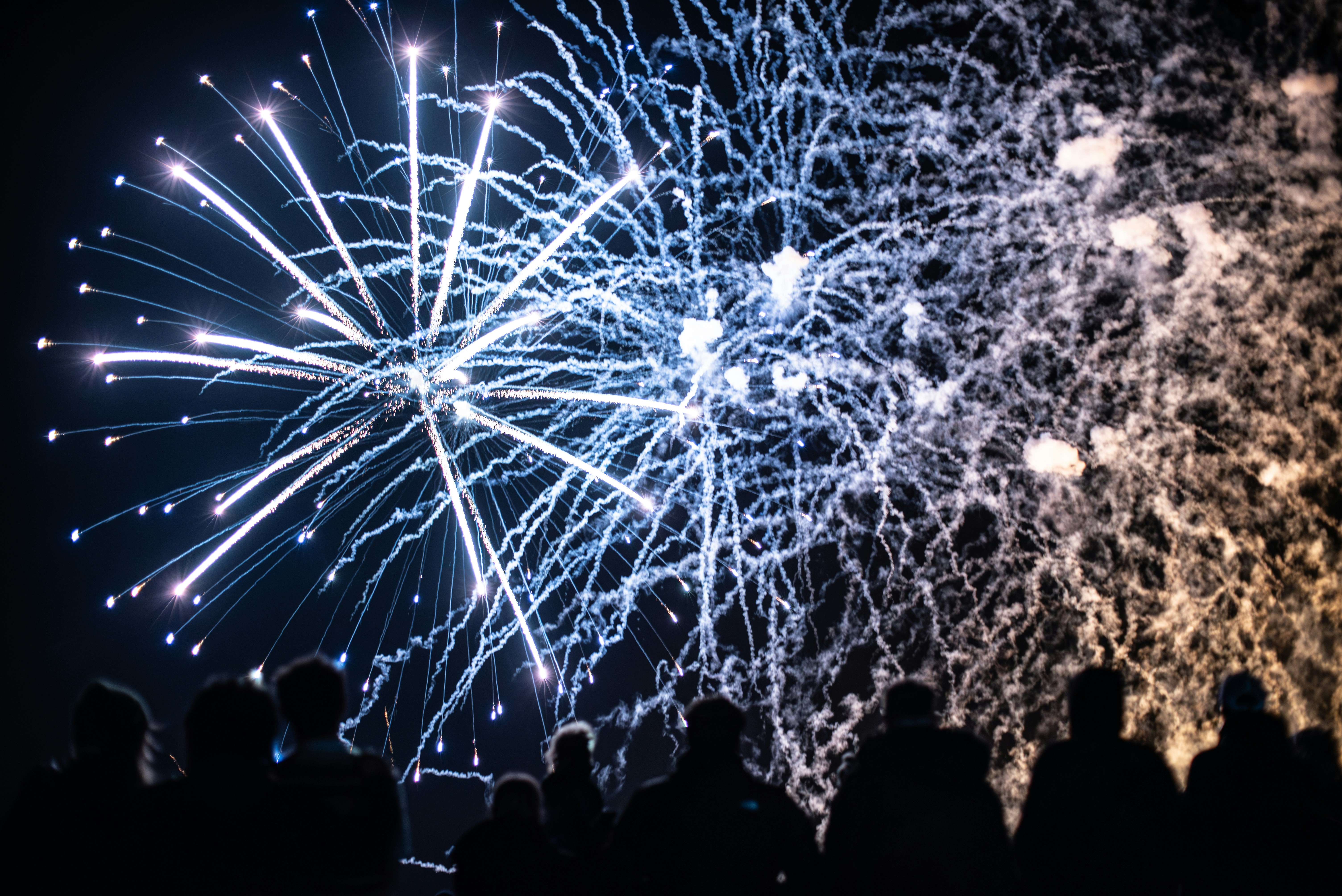 Silhouettes of people watching fireworks display at night.