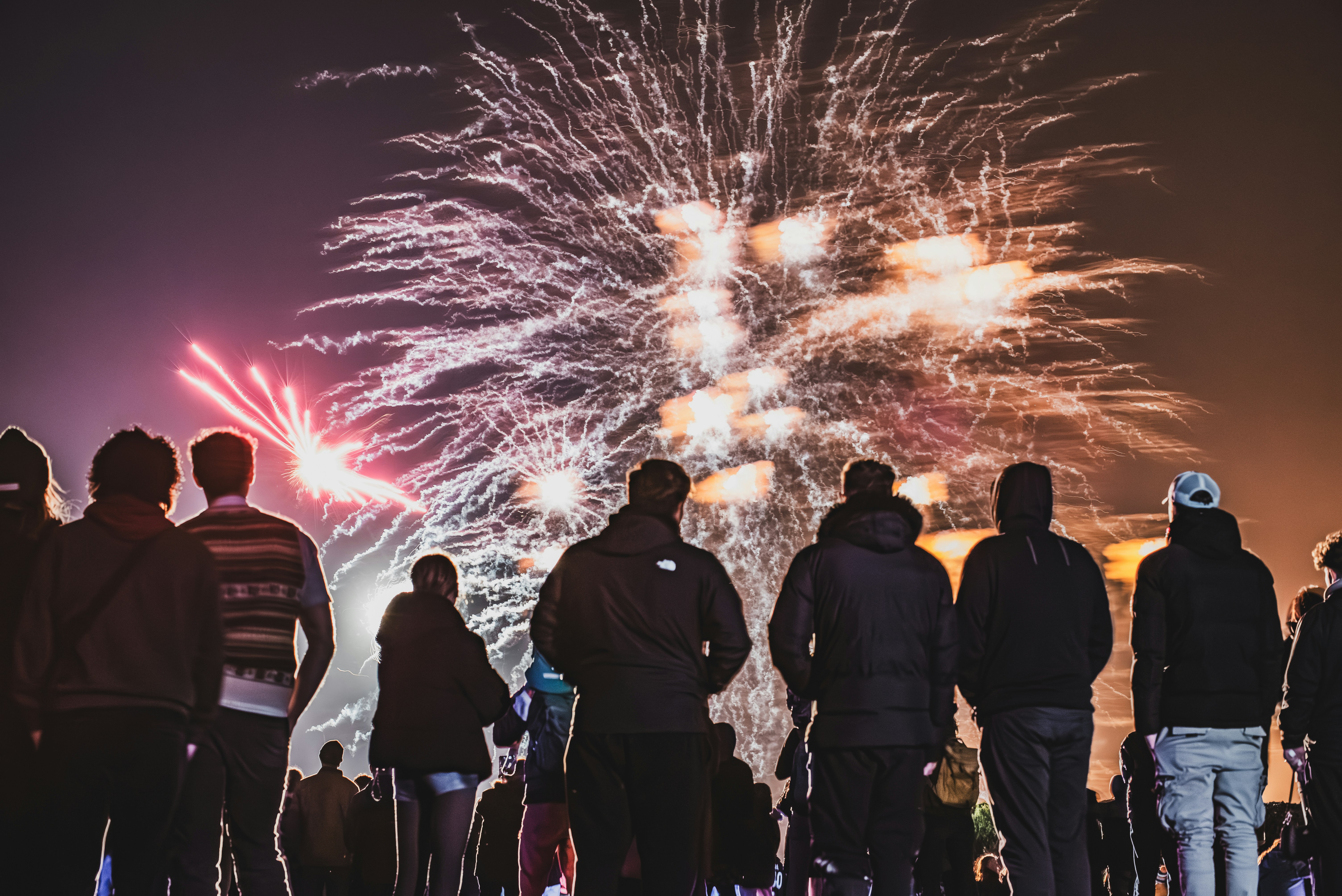 Crowd watches fireworks explode in the night sky