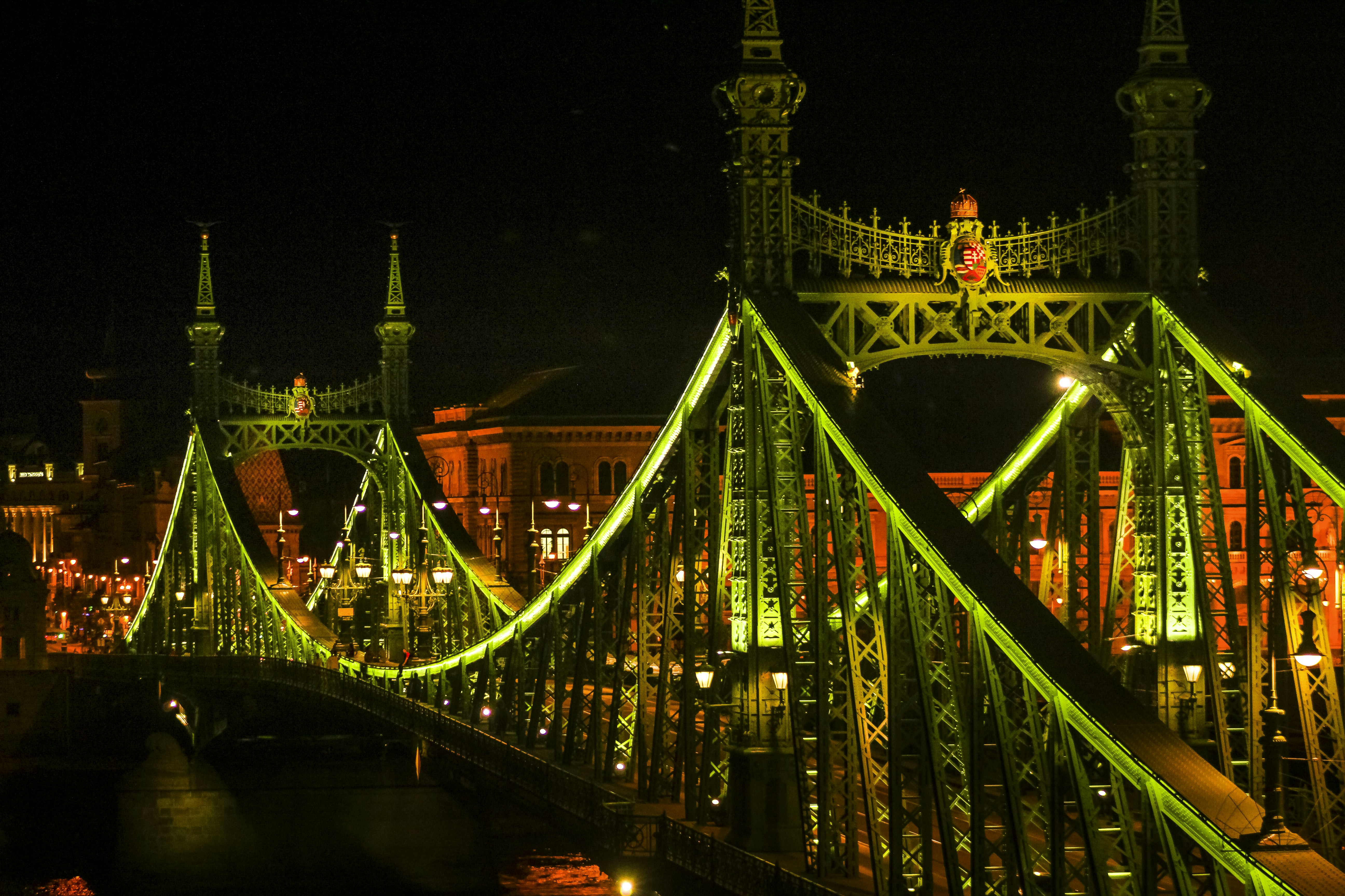 Green bridge illuminated at night with city lights