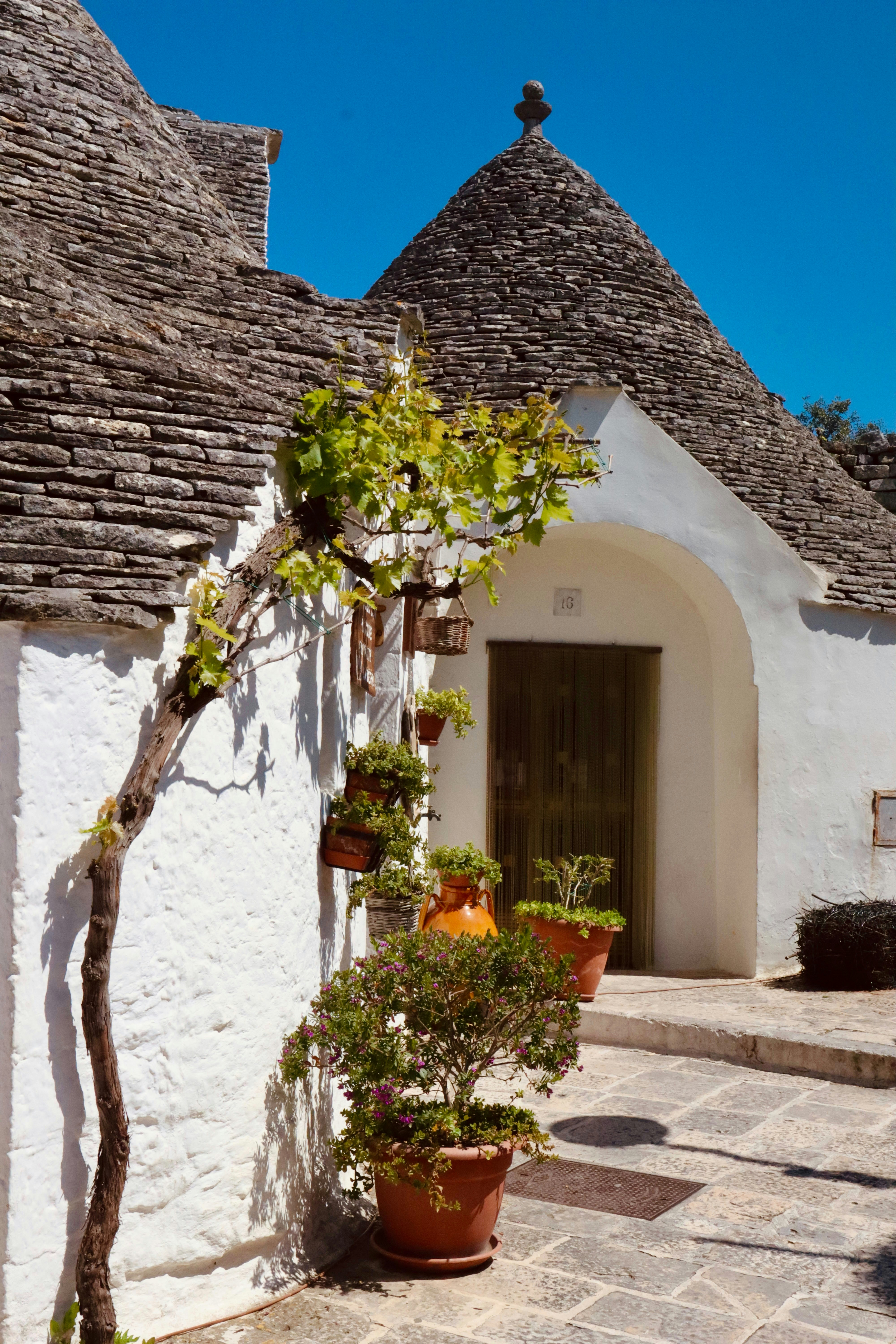 A house with blue doors and a roof with a blue door with