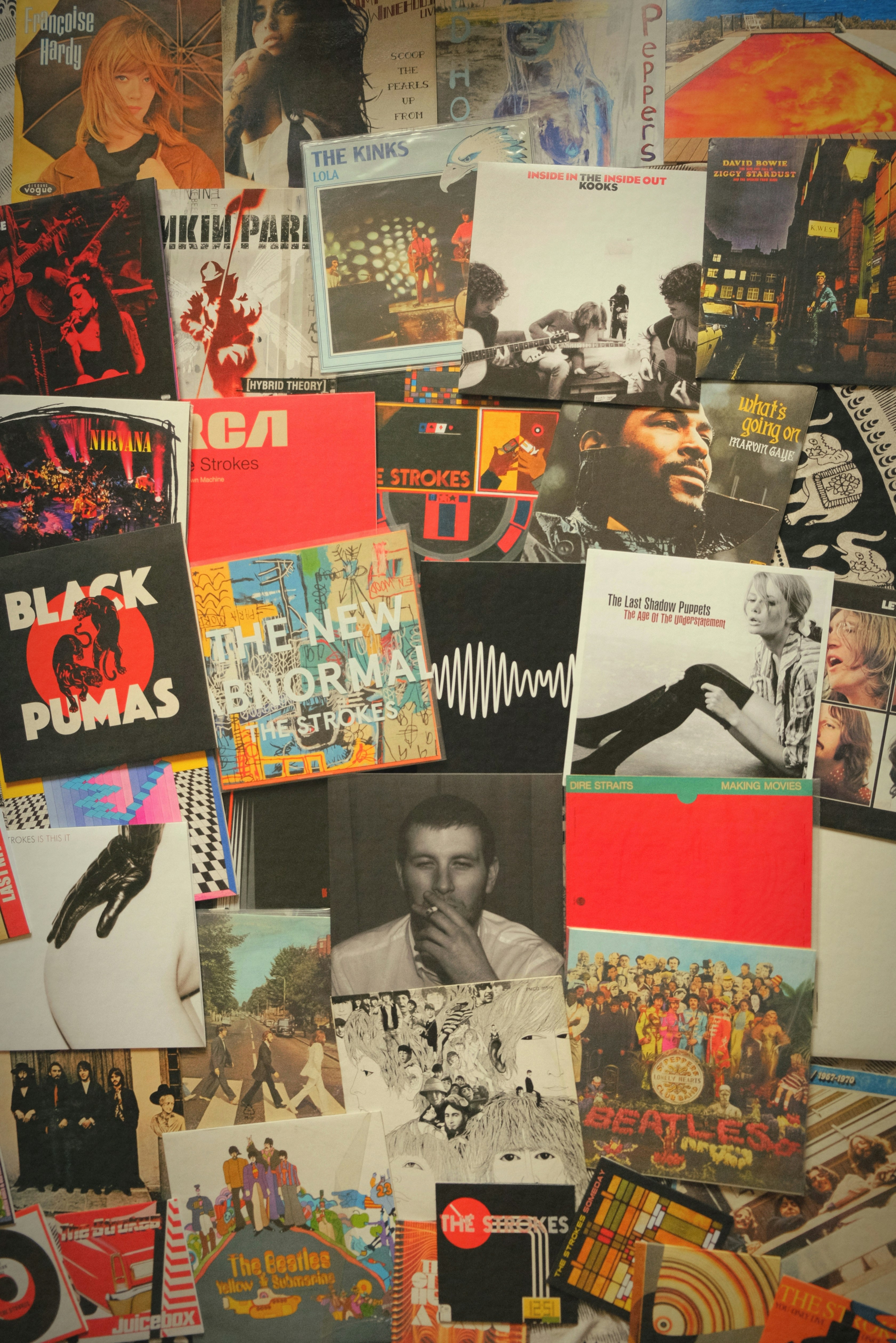 A diverse collection of vintage vinyl record album covers.