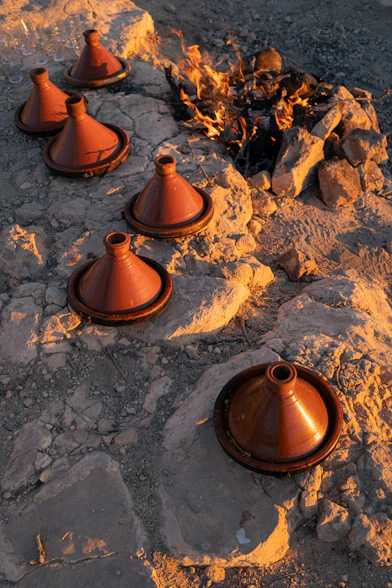 Several tagine pots arranged around a campfire