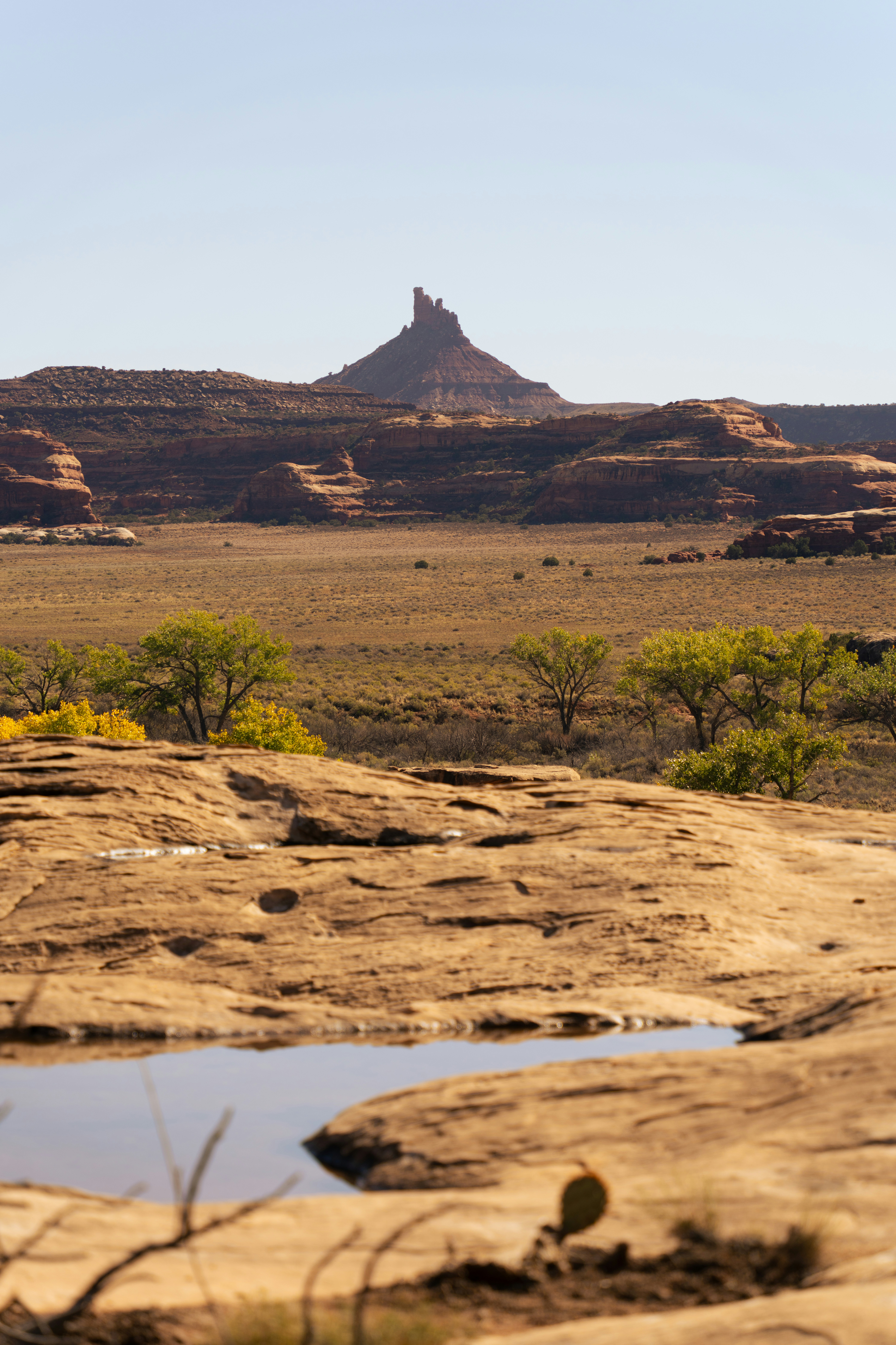 Desert landscape with rock formations and small pool