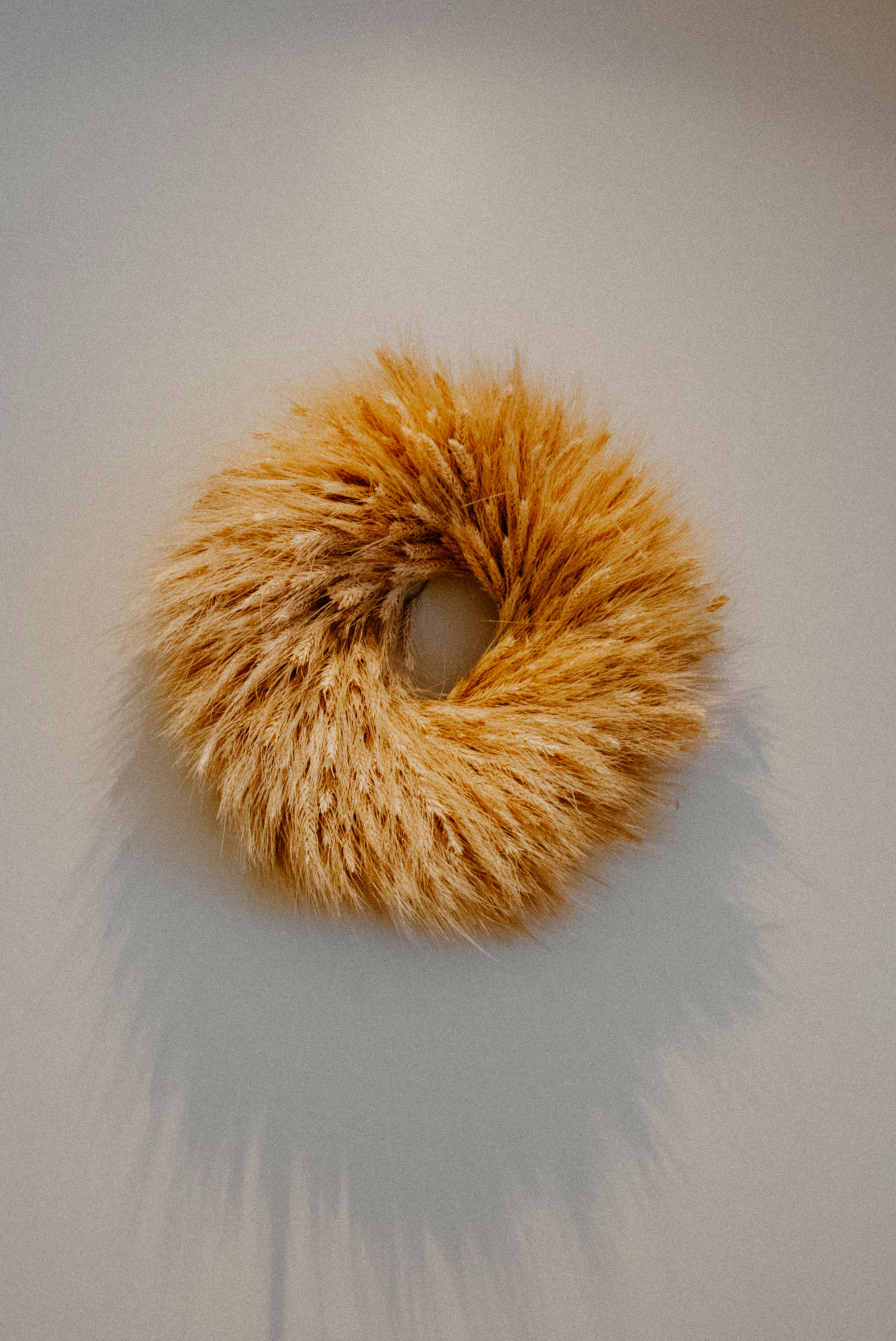 Corona circular hecha de hierbas secas en la pared.