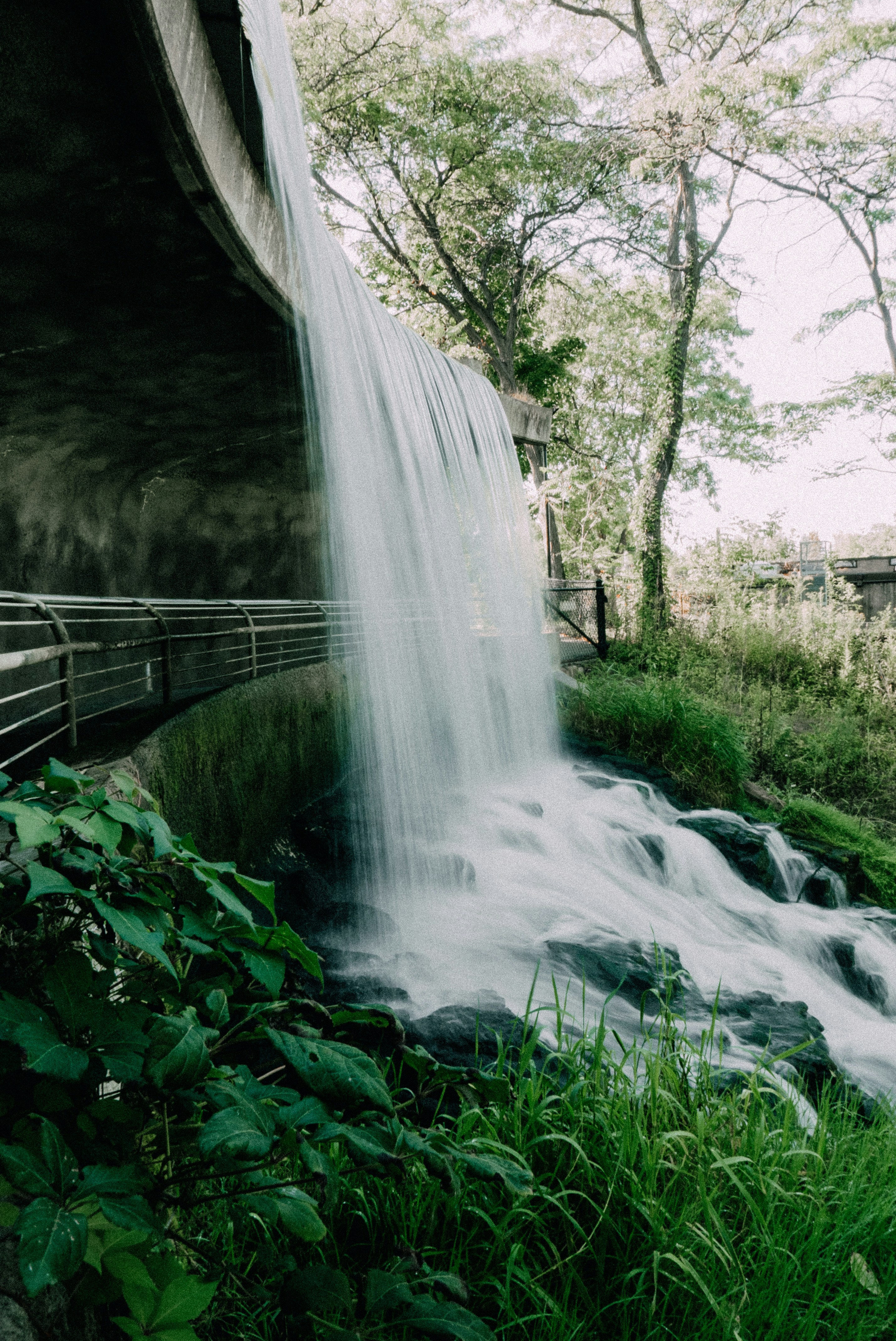 Cascada que cae en cascada debajo de un puente de concreto en un arroyo.