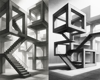 Geometric concrete structures with stairs and cubes
