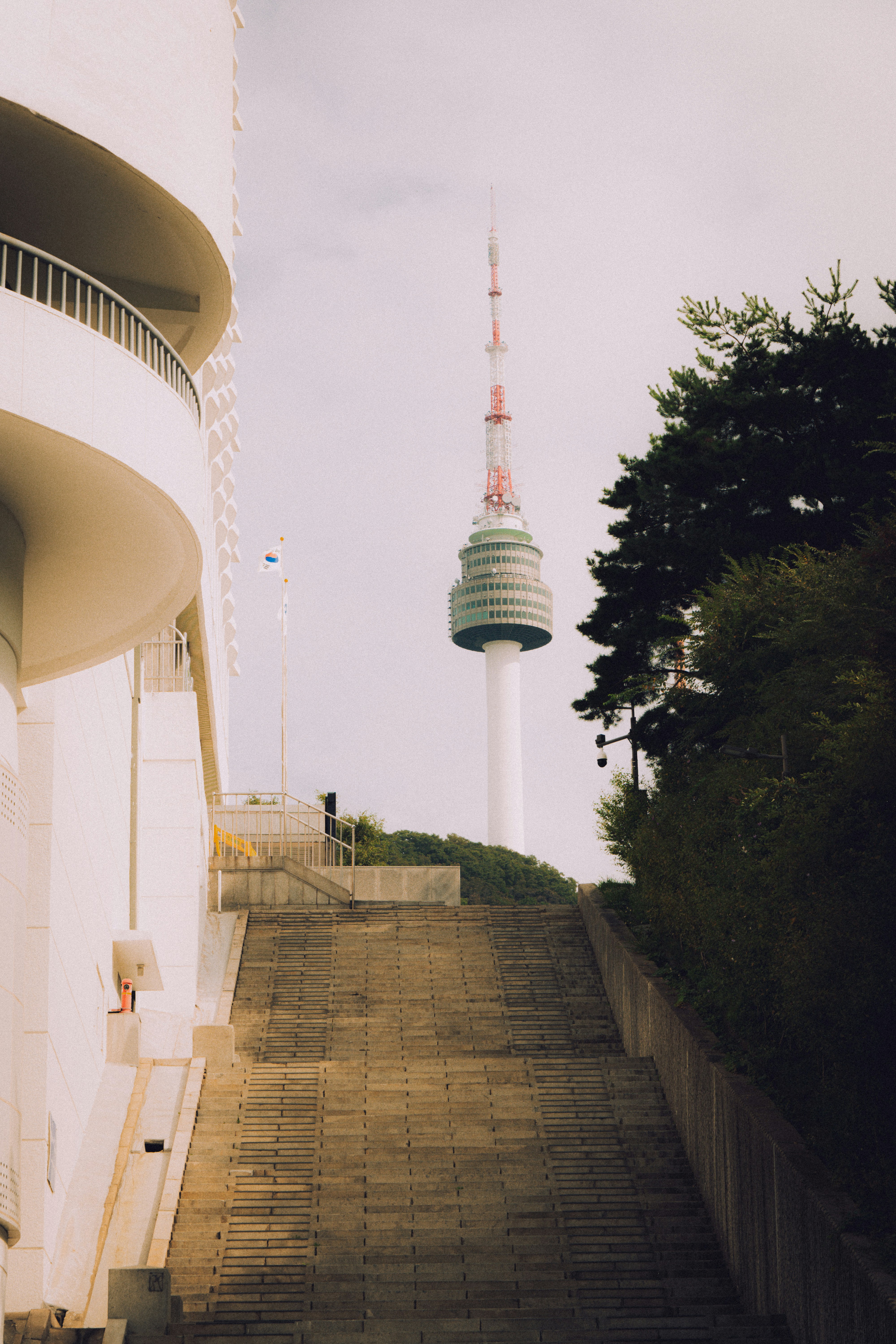 Stone stairs leading to a tower with trees.