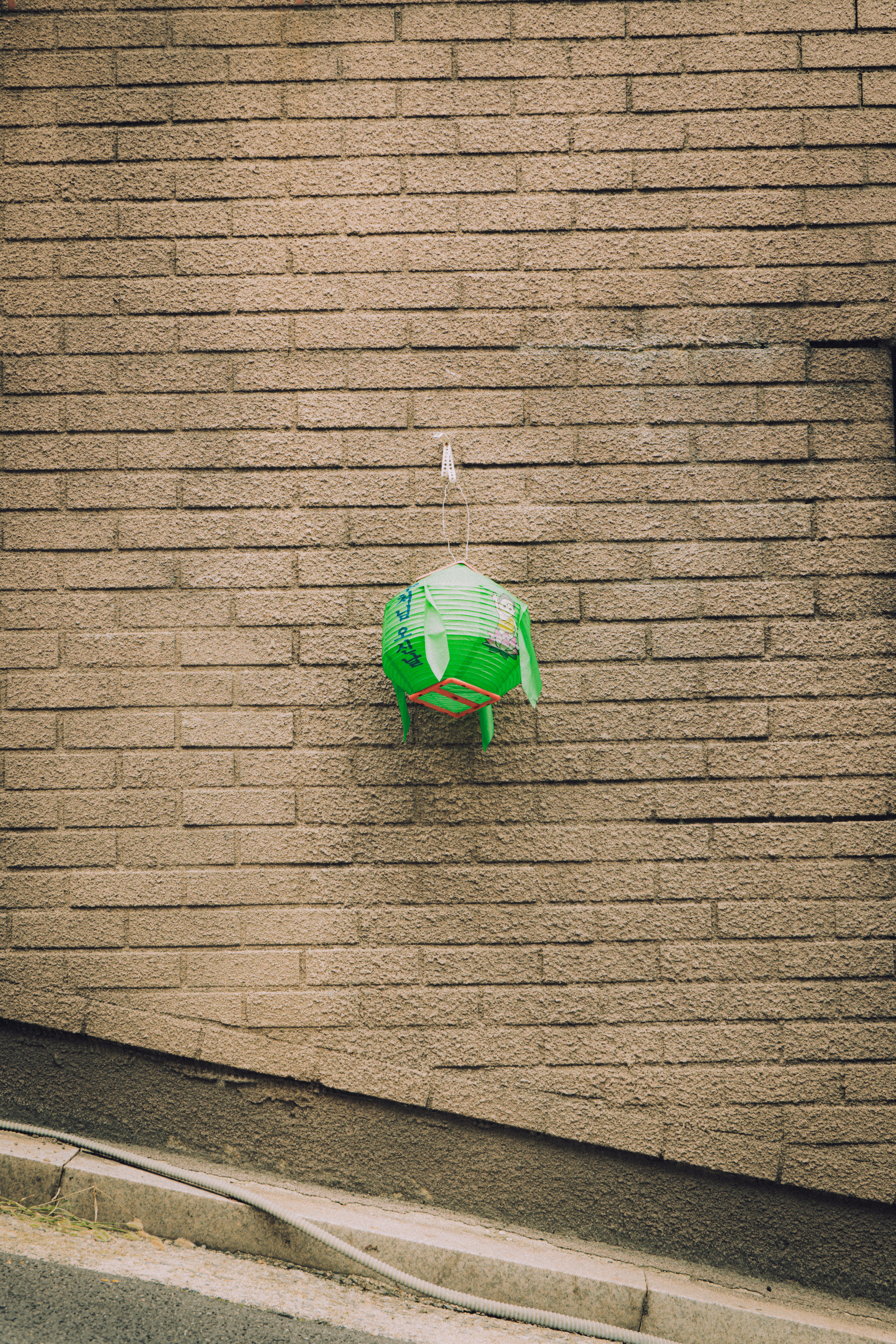 Oggetto verde appeso al muro di mattoni