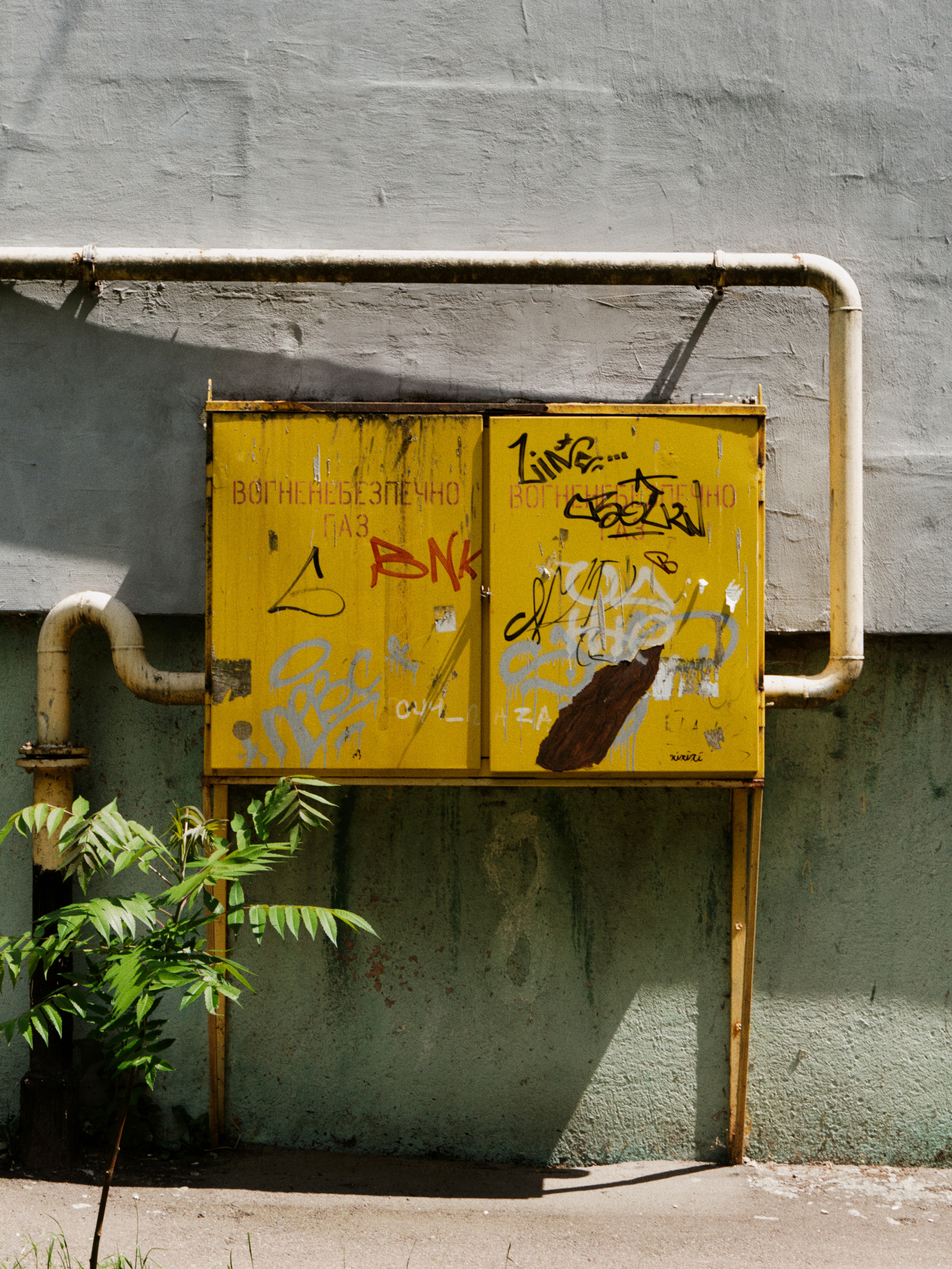 Yellow utility box covered in graffiti on building wall.