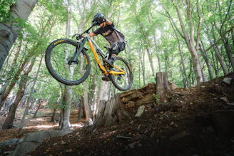 Mountain biker jumping over logs in a forest.