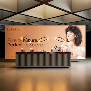 Modern display counter with promotional backdrop