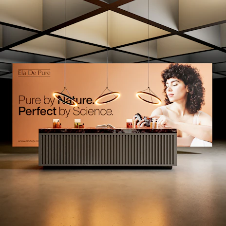 Modern display counter with promotional backdrop