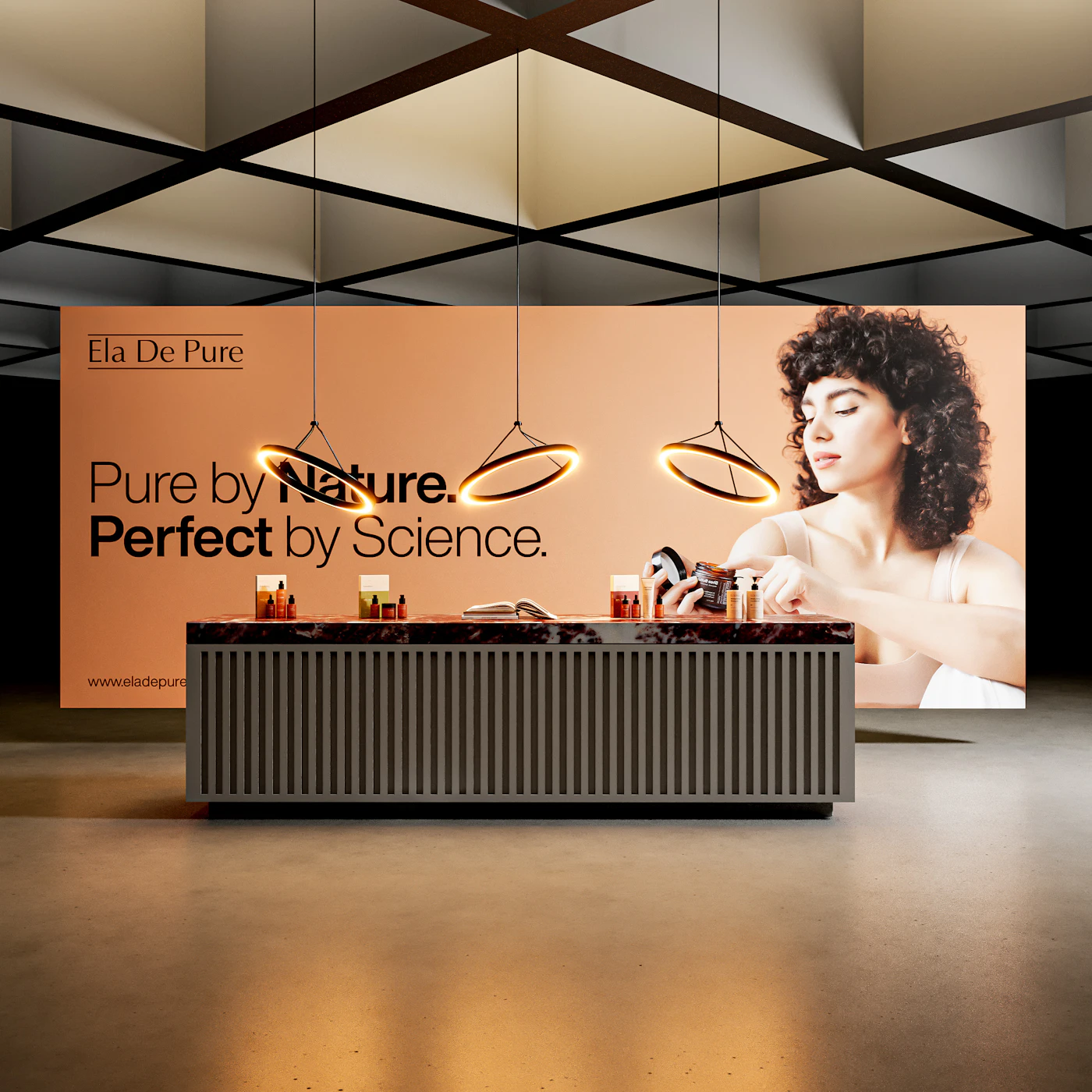 Branded display counter with a printed backdrop wall