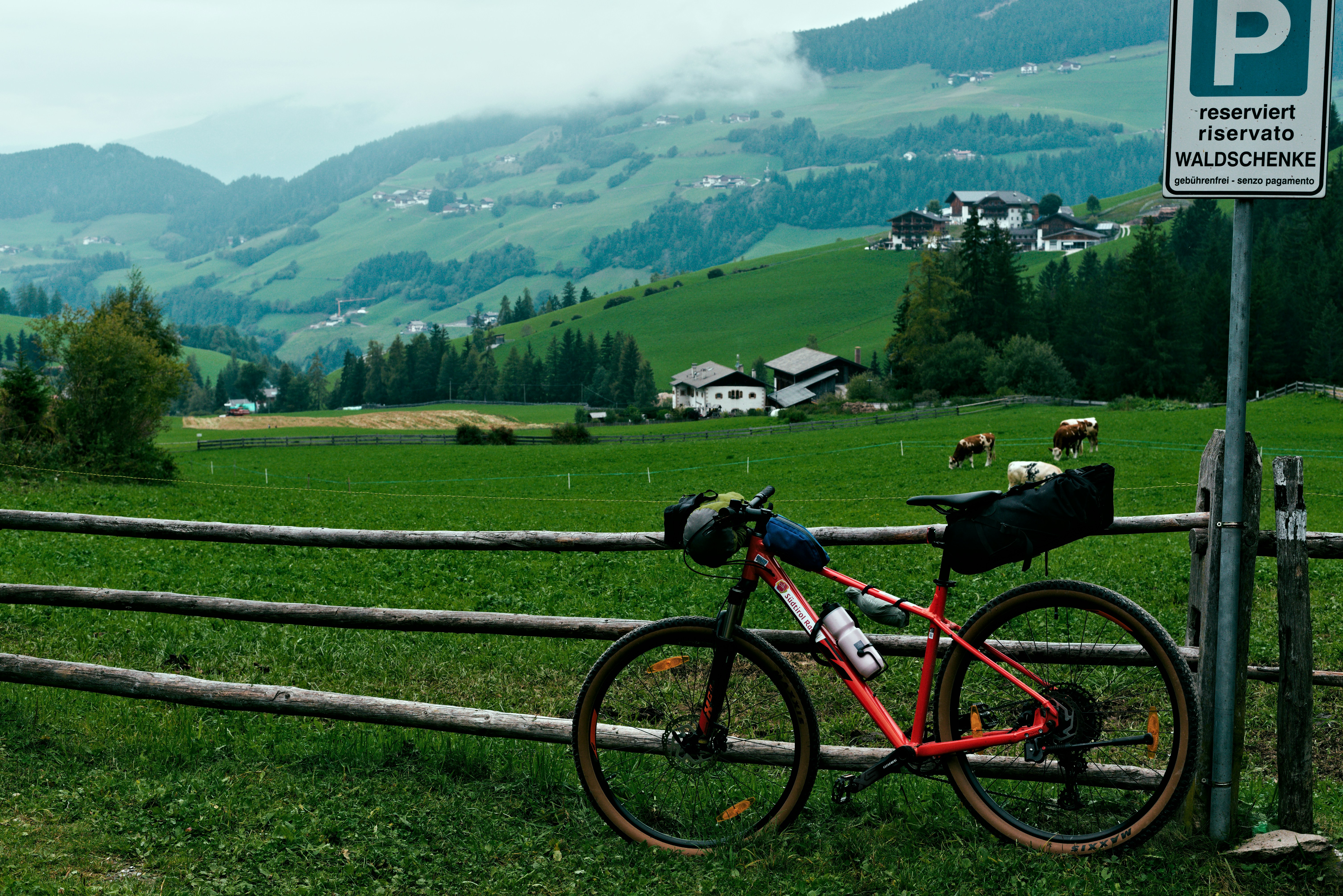 Bicycle parked near a wooden fence in green countryside.
