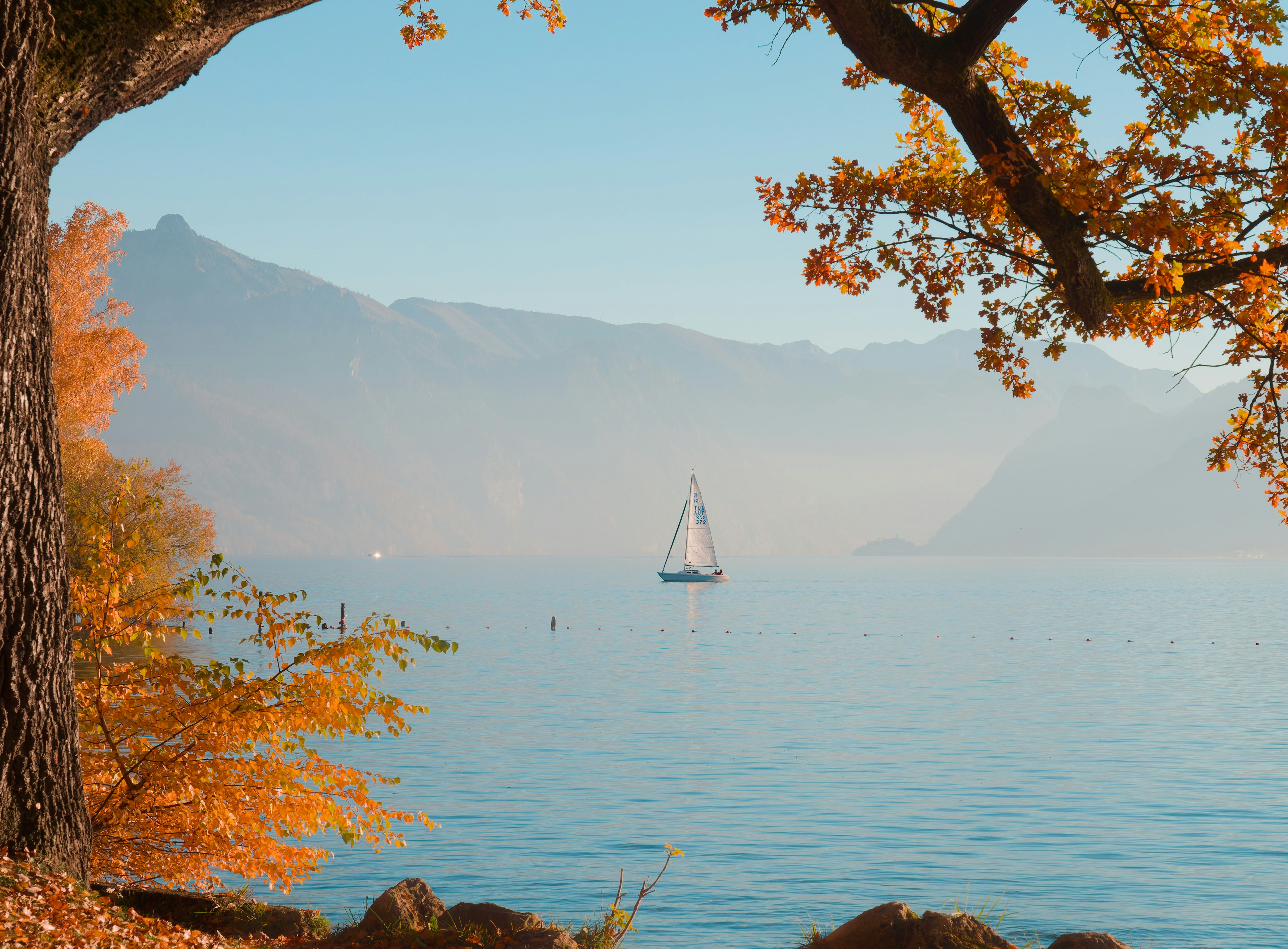 Sailboat on a calm lake with autumn trees