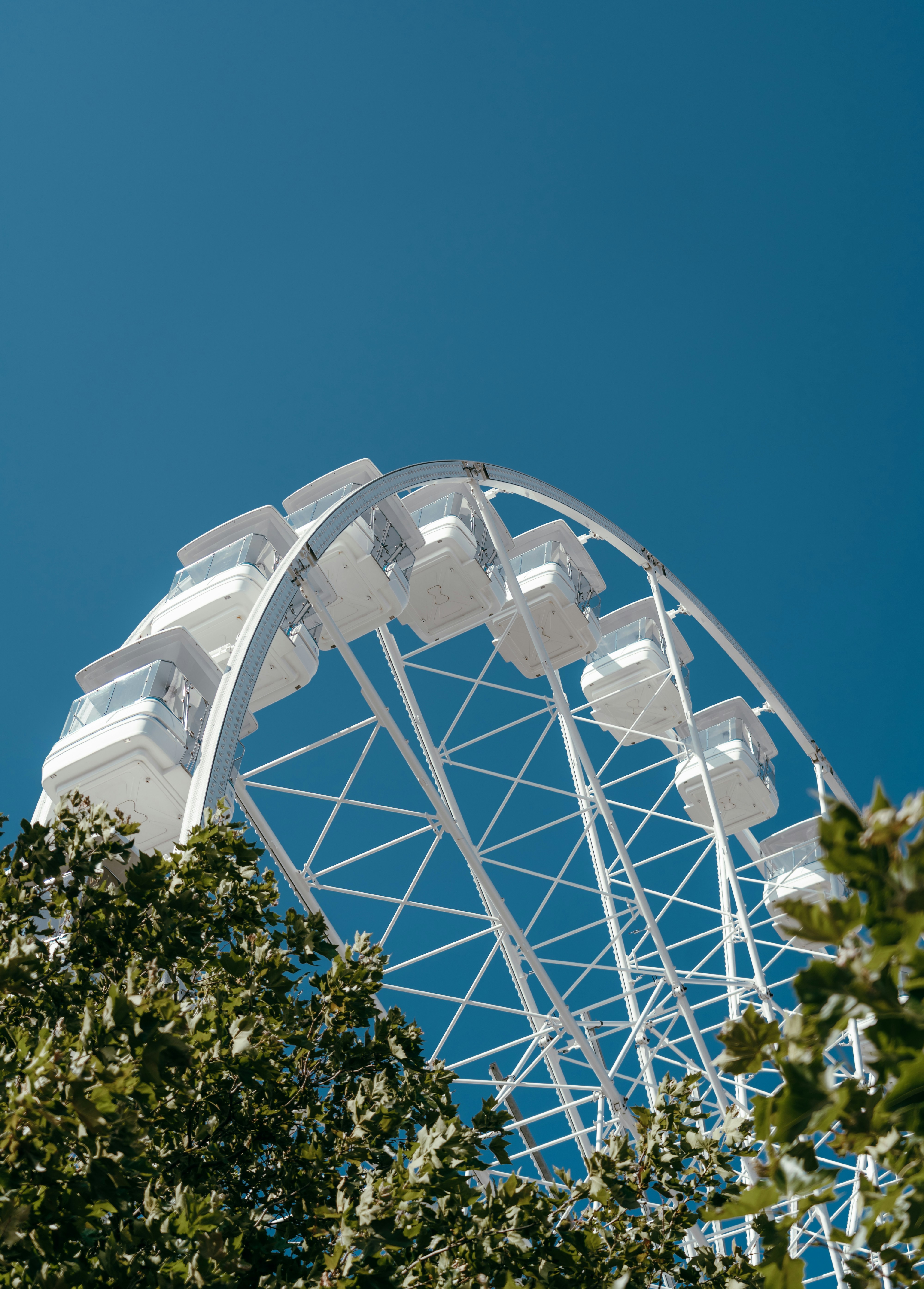 White ferris wheel against a clear blue sky.