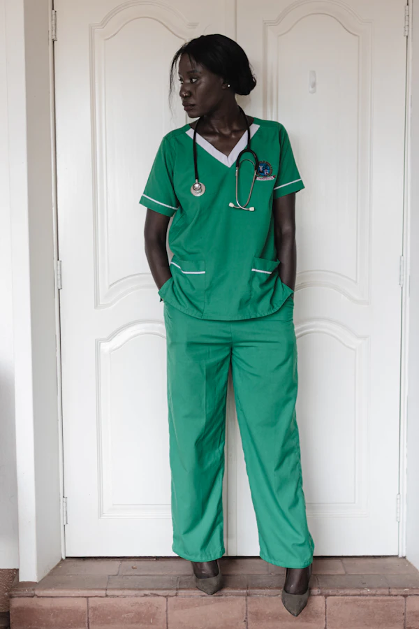 A healthcare worker in green scrubs