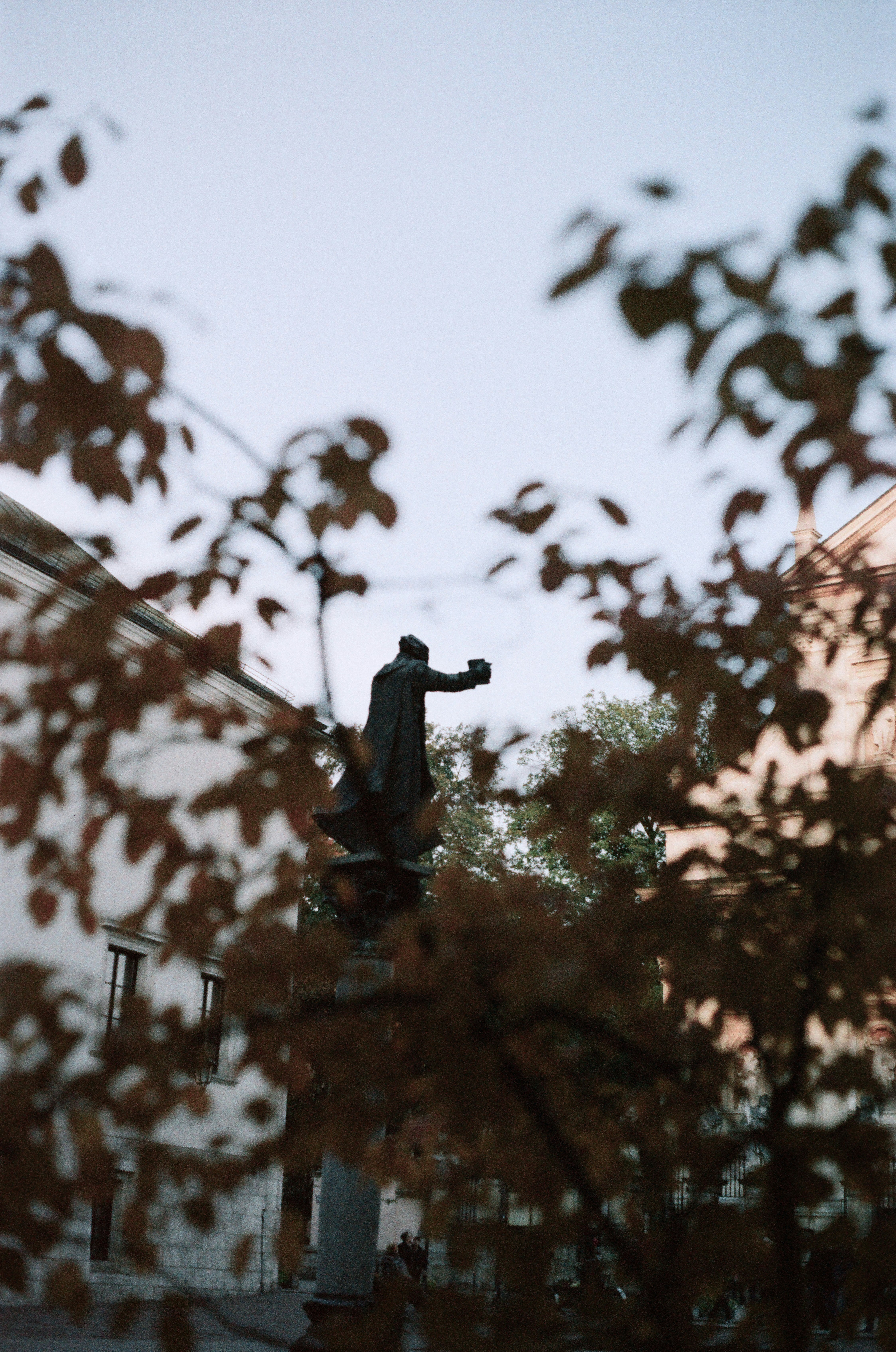 Statue seen through autumn tree branches