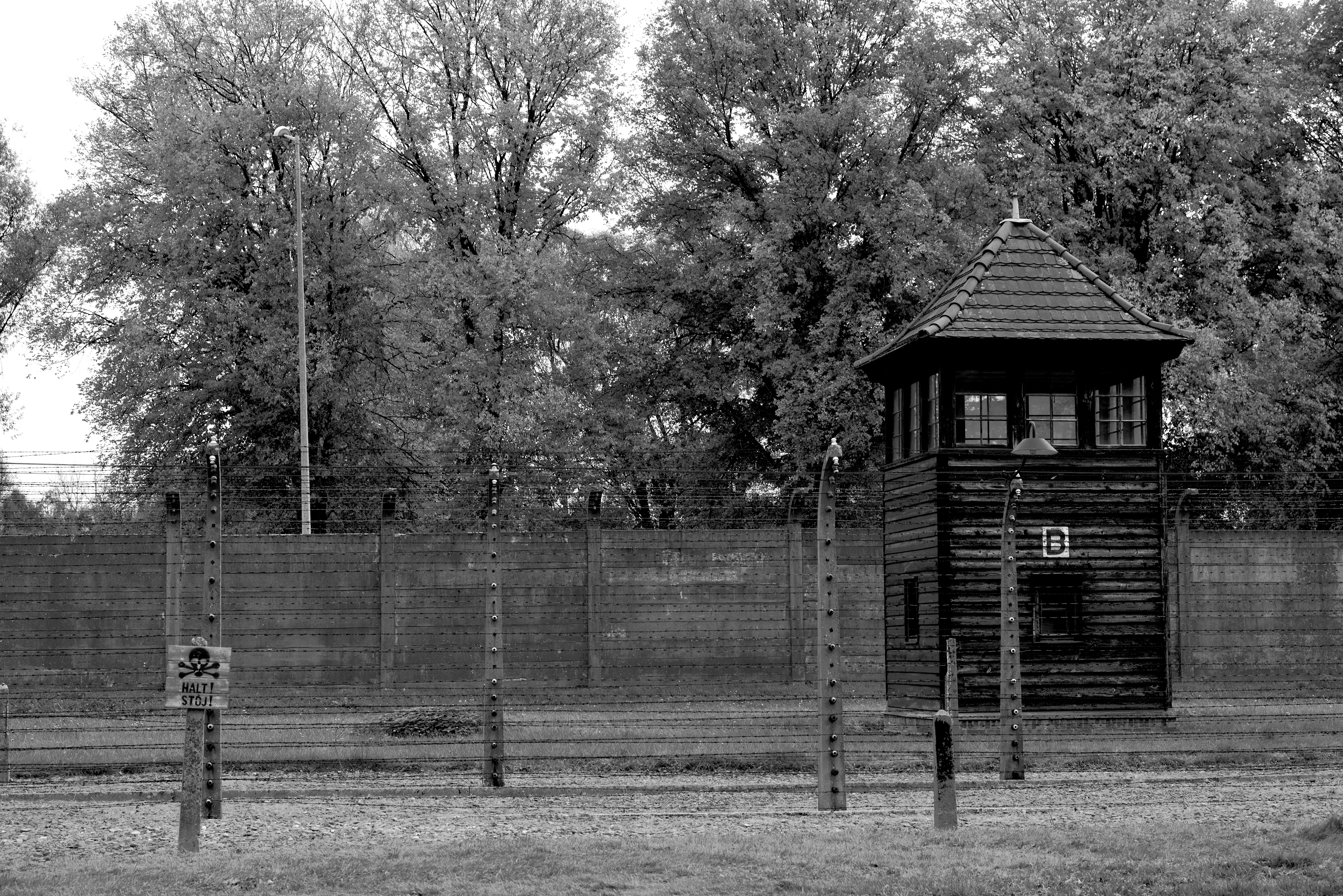Wooden guard tower behind barbed wire fence