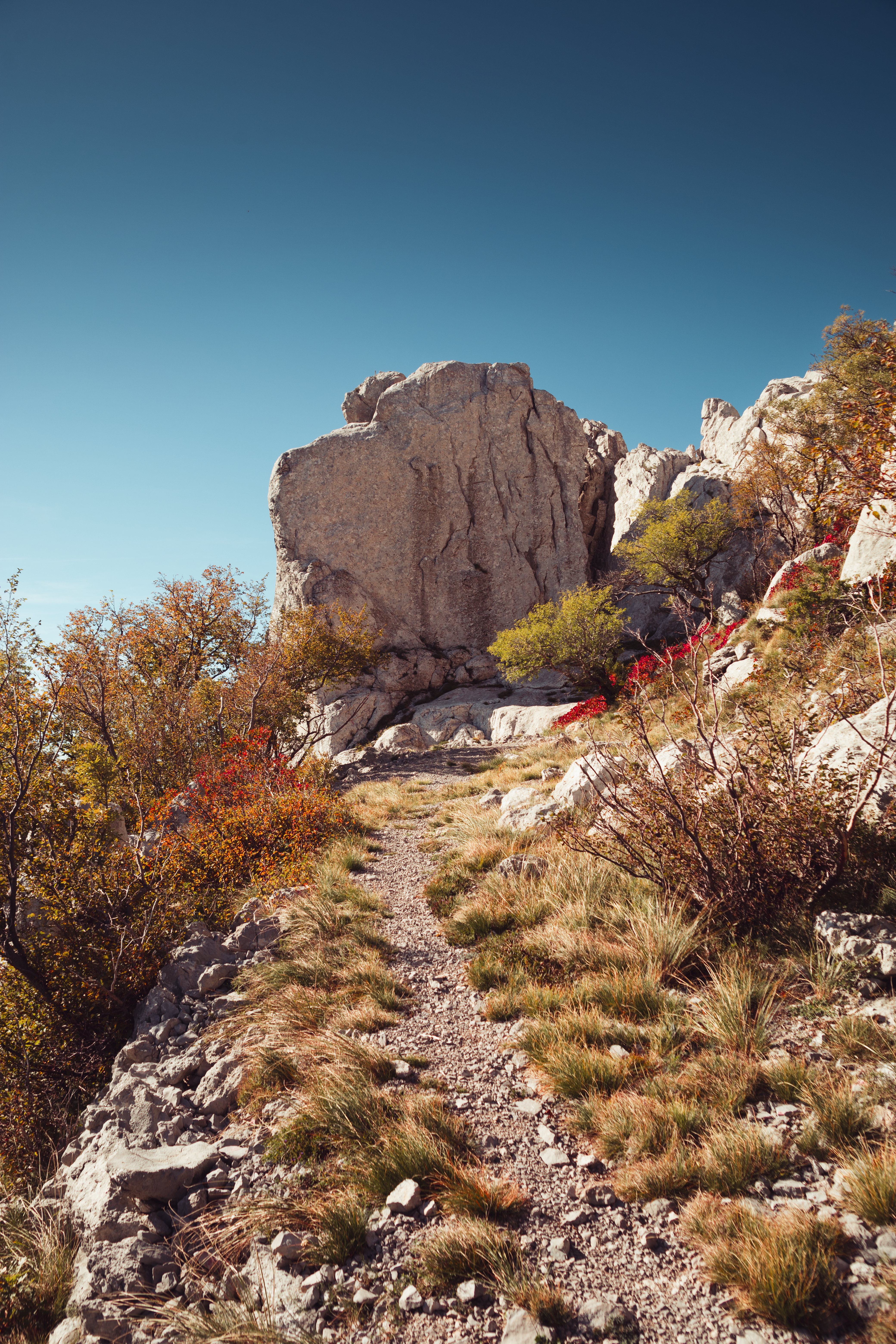 A winding path leads through rocky terrain with autumn foliage.