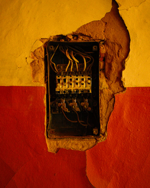 An exposed fuse box set into a cracked, half-painted plaster wall