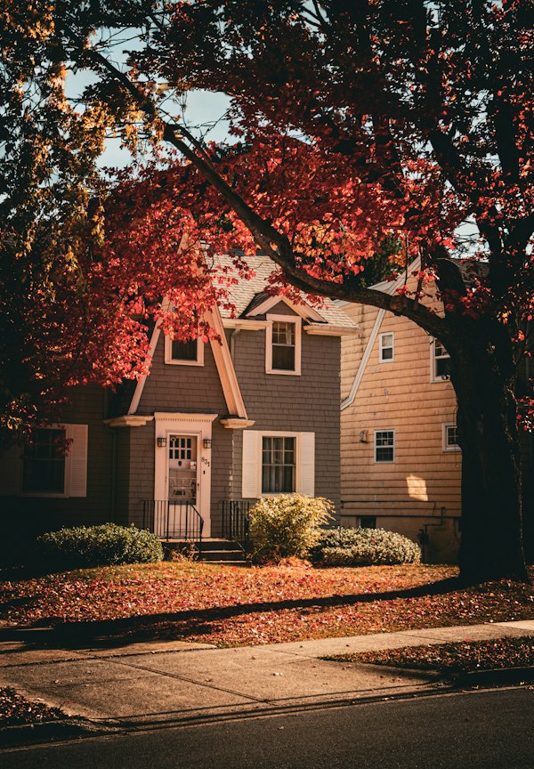 Casa rodeada de follaje otoñal, ideal para renovar tu hogar