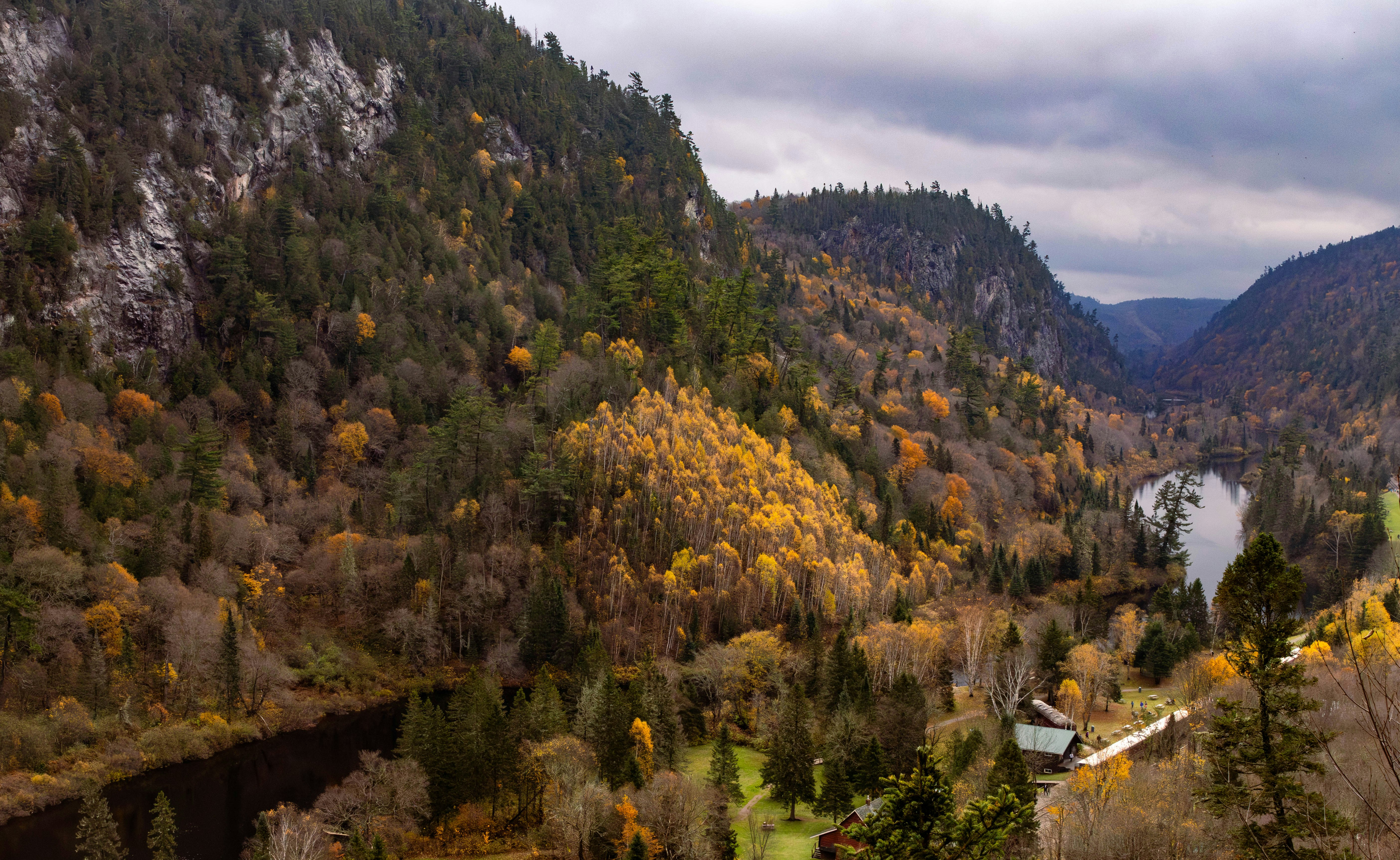 Autumn forest valley with a winding river and lake.