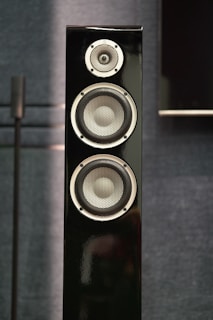 A tall black speaker with three drivers.