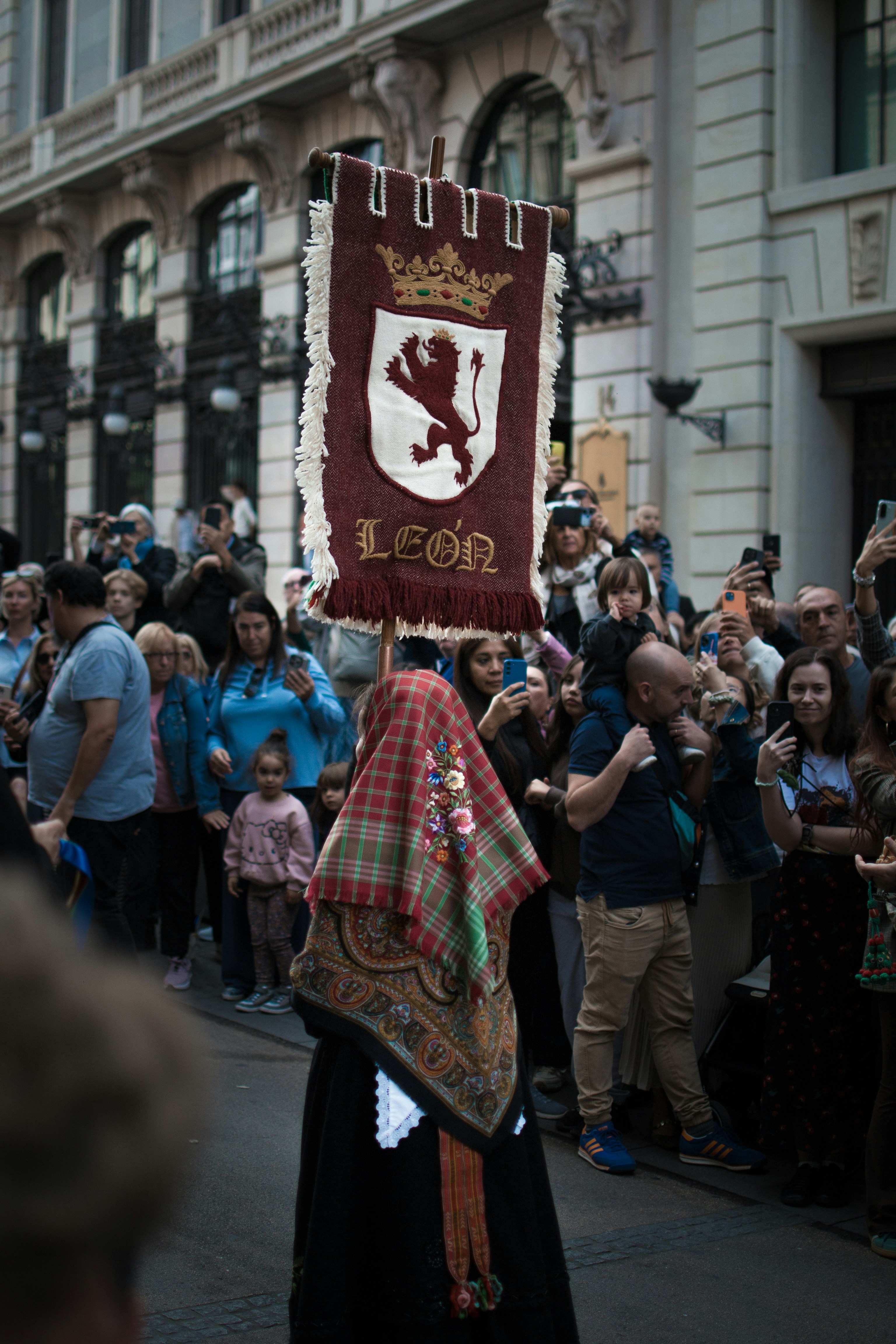 Person in traditional dress carries banner in a parade.