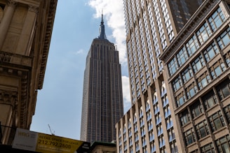 Empire state building against a bright blue sky.