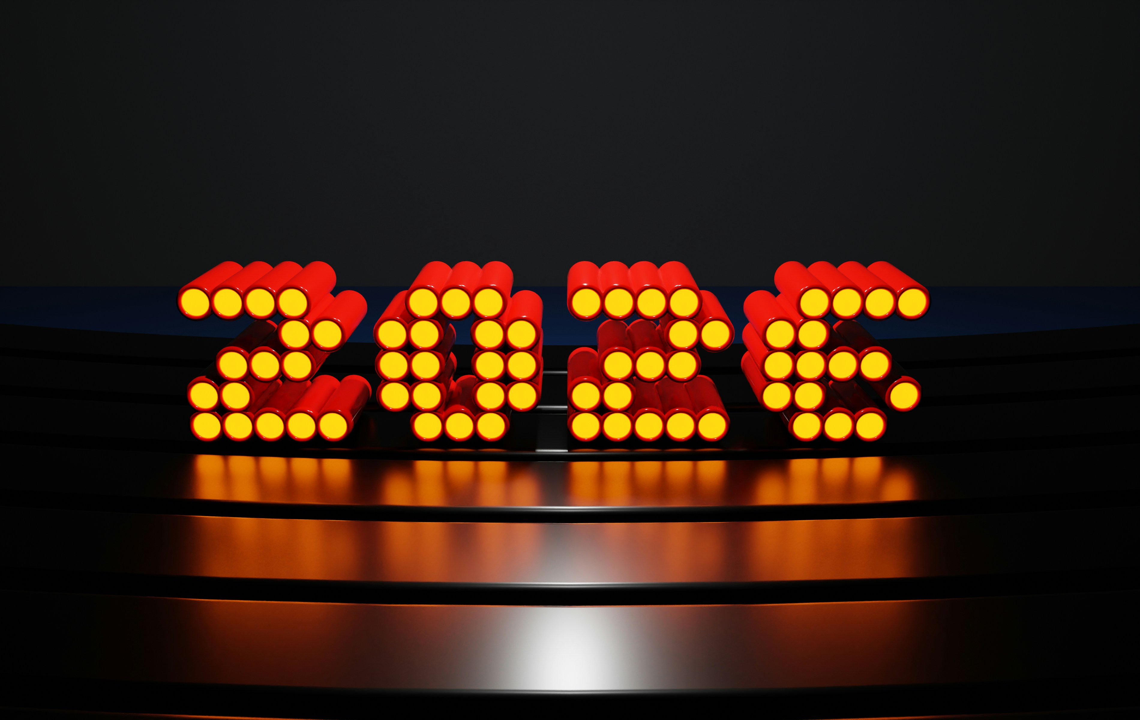 Striking 2026 illuminated display featuring bold red sculptural numbers with bright yellow LED bulbs creating a dramatic light effect. The glowing digits cast a warm orange reflection on the glossy black surface below, creating a modern and festive atmosphere perfect for New Year's celebrations. This eye-catching 3D light installation combines contemporary design with celebratory aesthetics for welcoming the year 2026.