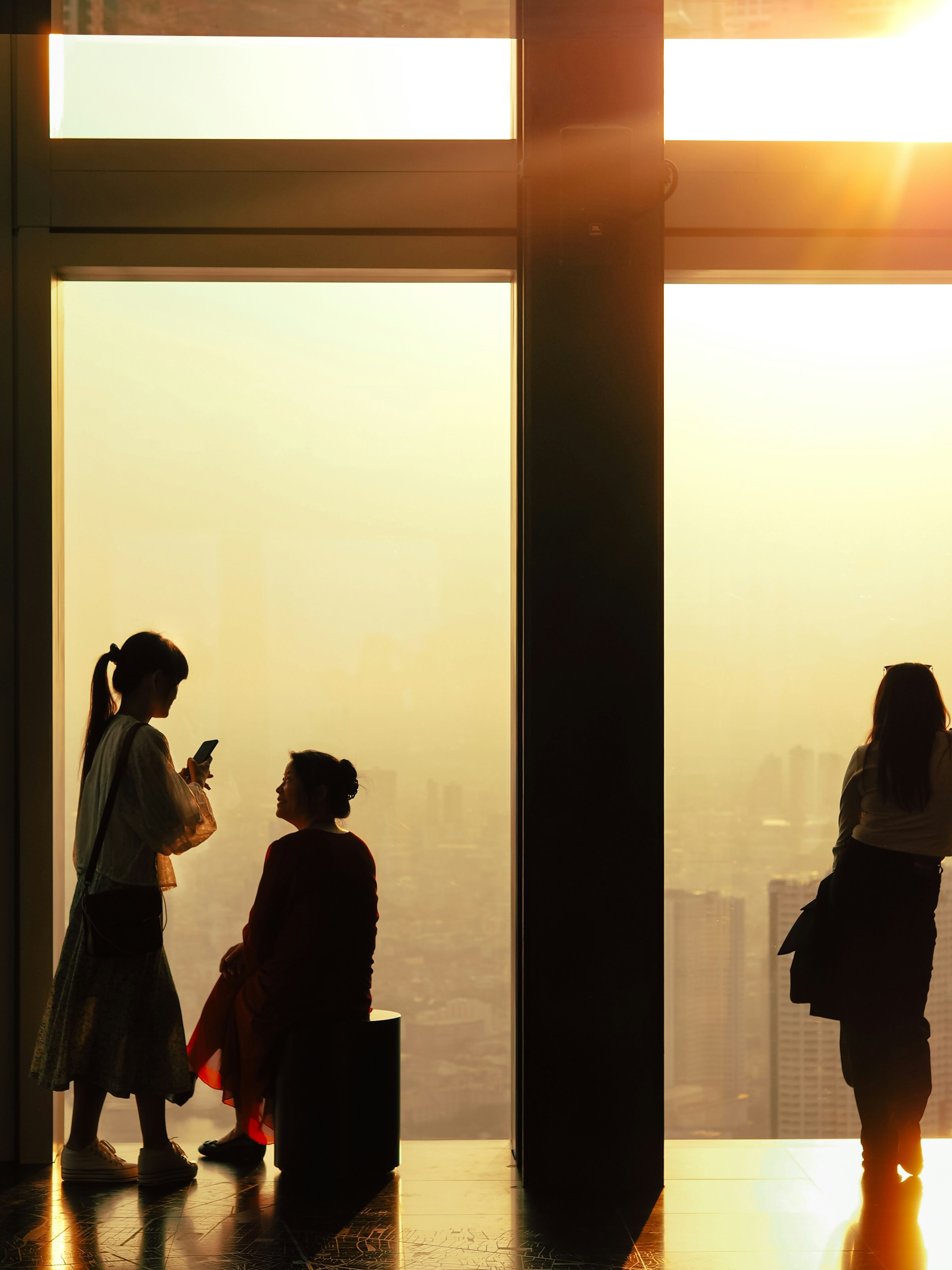 Silhouettes of people watching sunset from tall building.