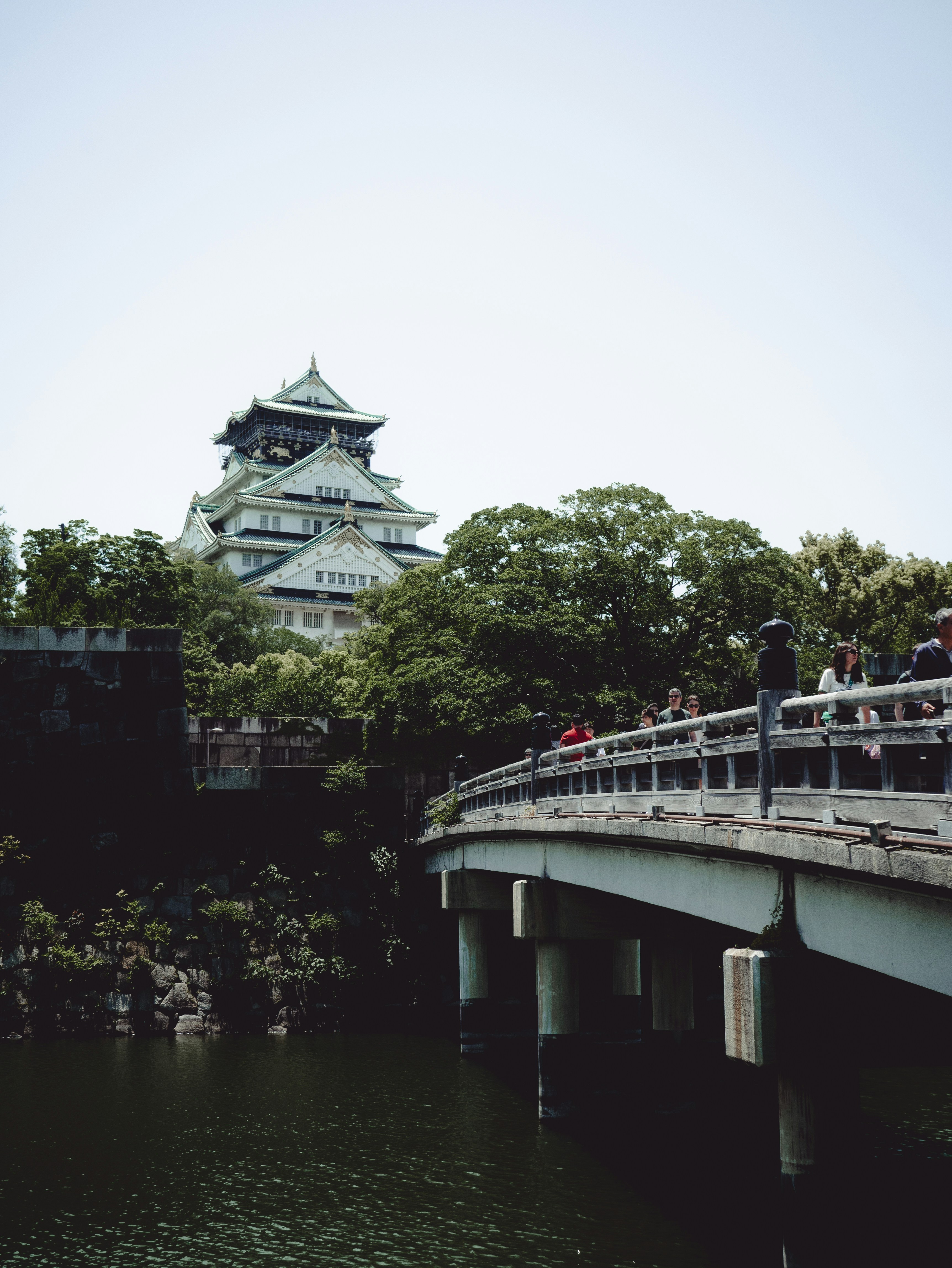 Bridge leading to a japanese castle with trees.