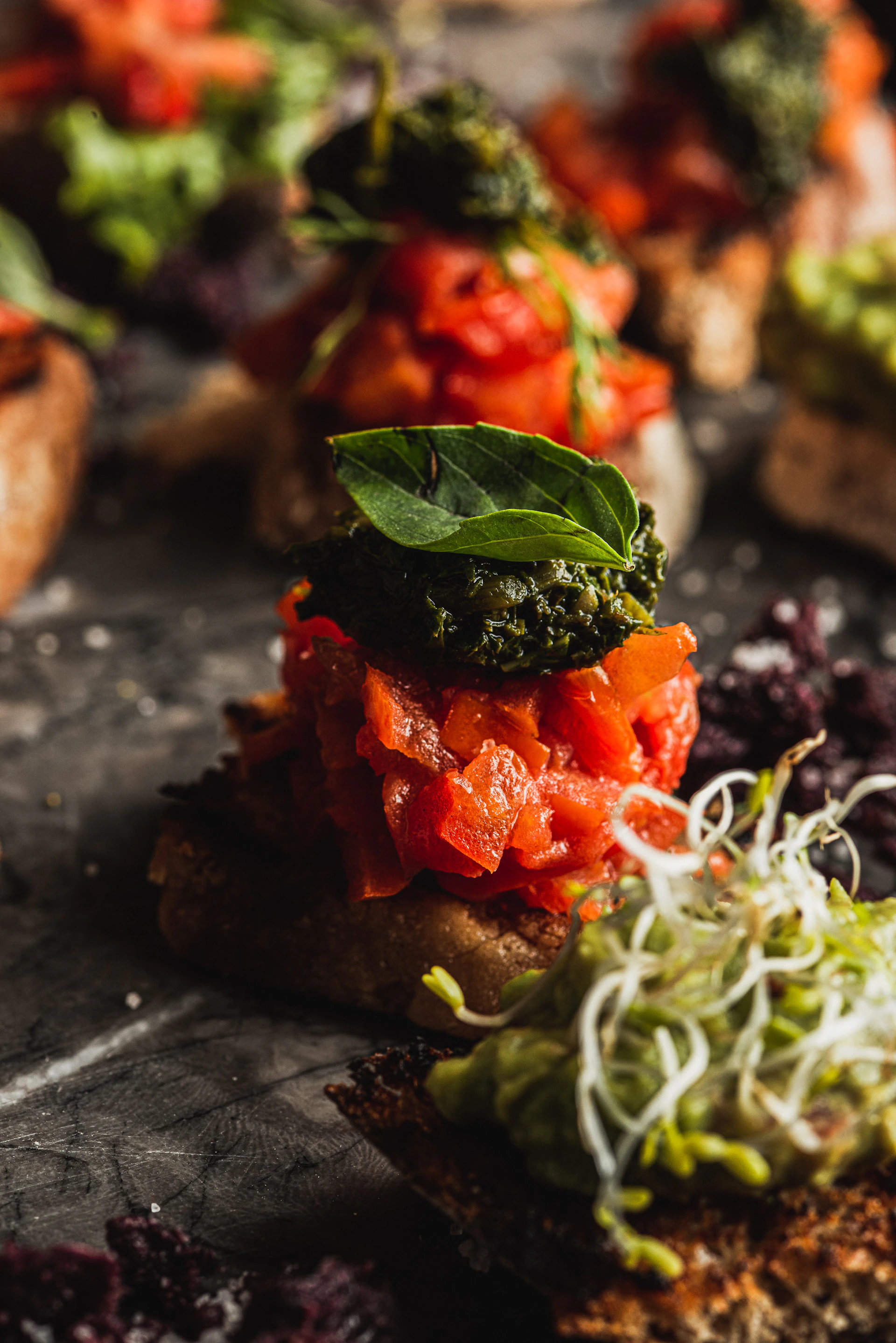 Toasted bread topped with tomatoes and pesto