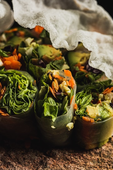 Fresh spring rolls filled with vegetables and avocado.