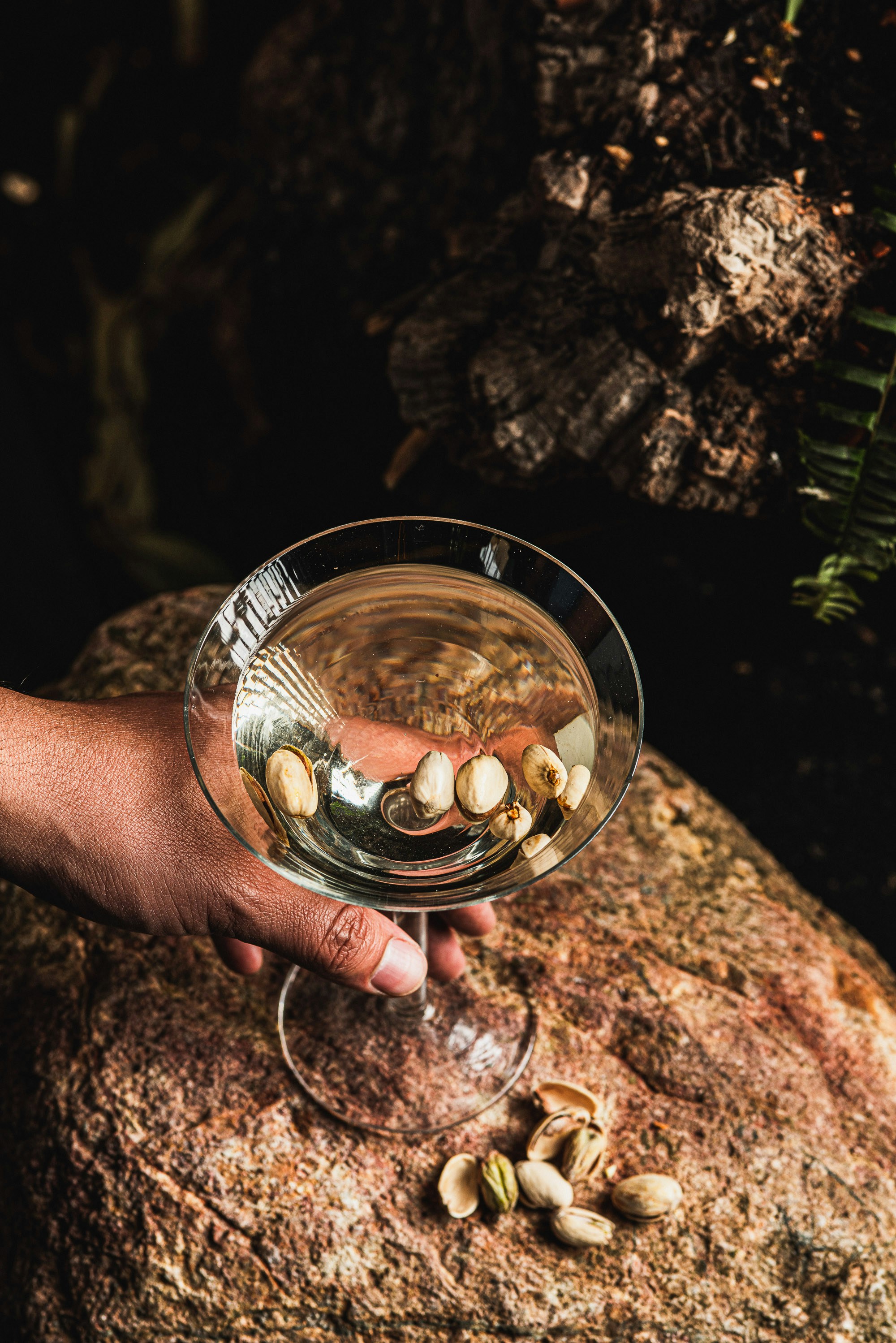 Hand holding martini glass with pistachios on rock