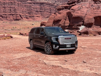 Black suv parked in a rocky desert landscape.