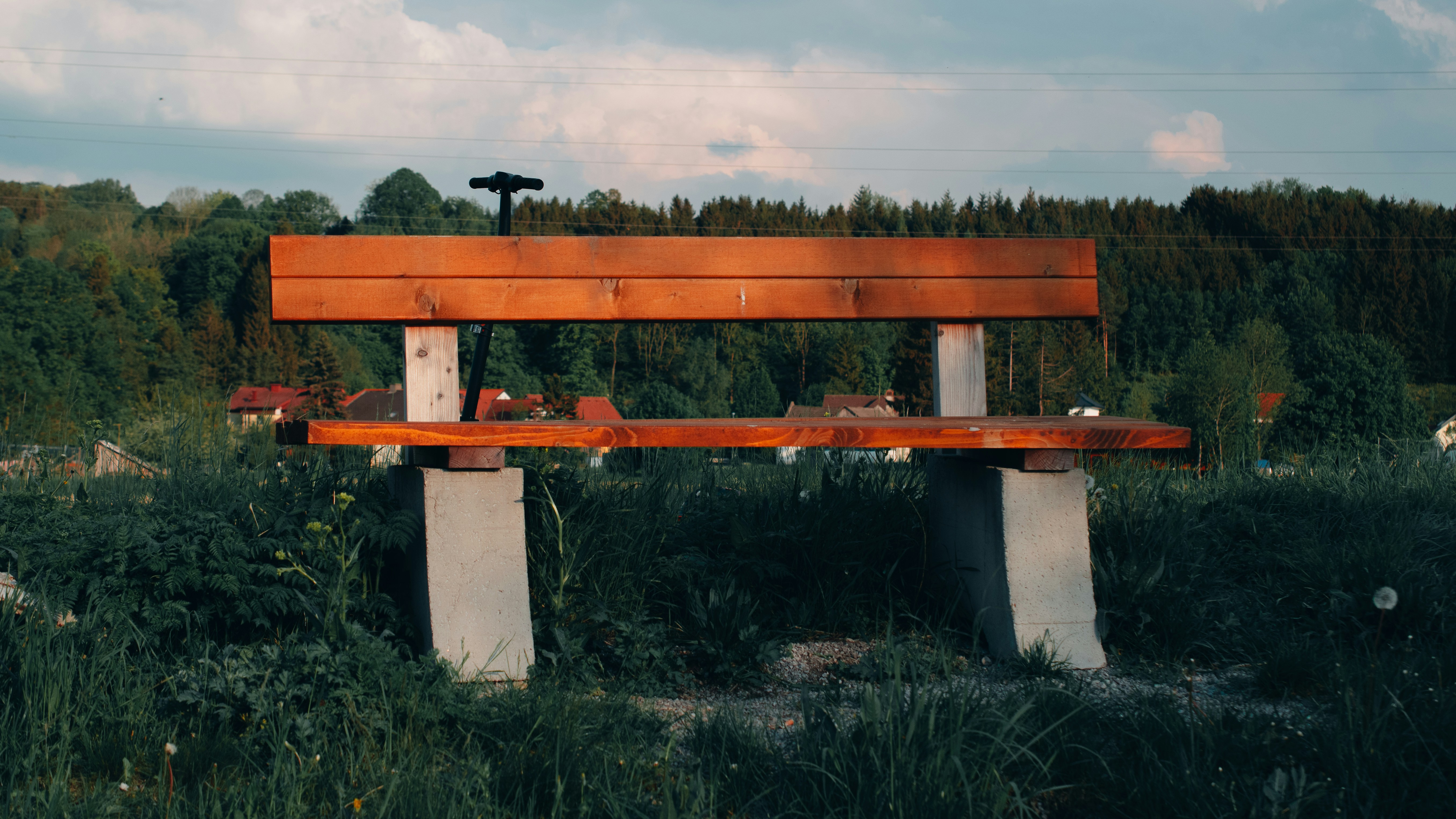 Banc en bois avec supports en béton dans un champ herbeux
