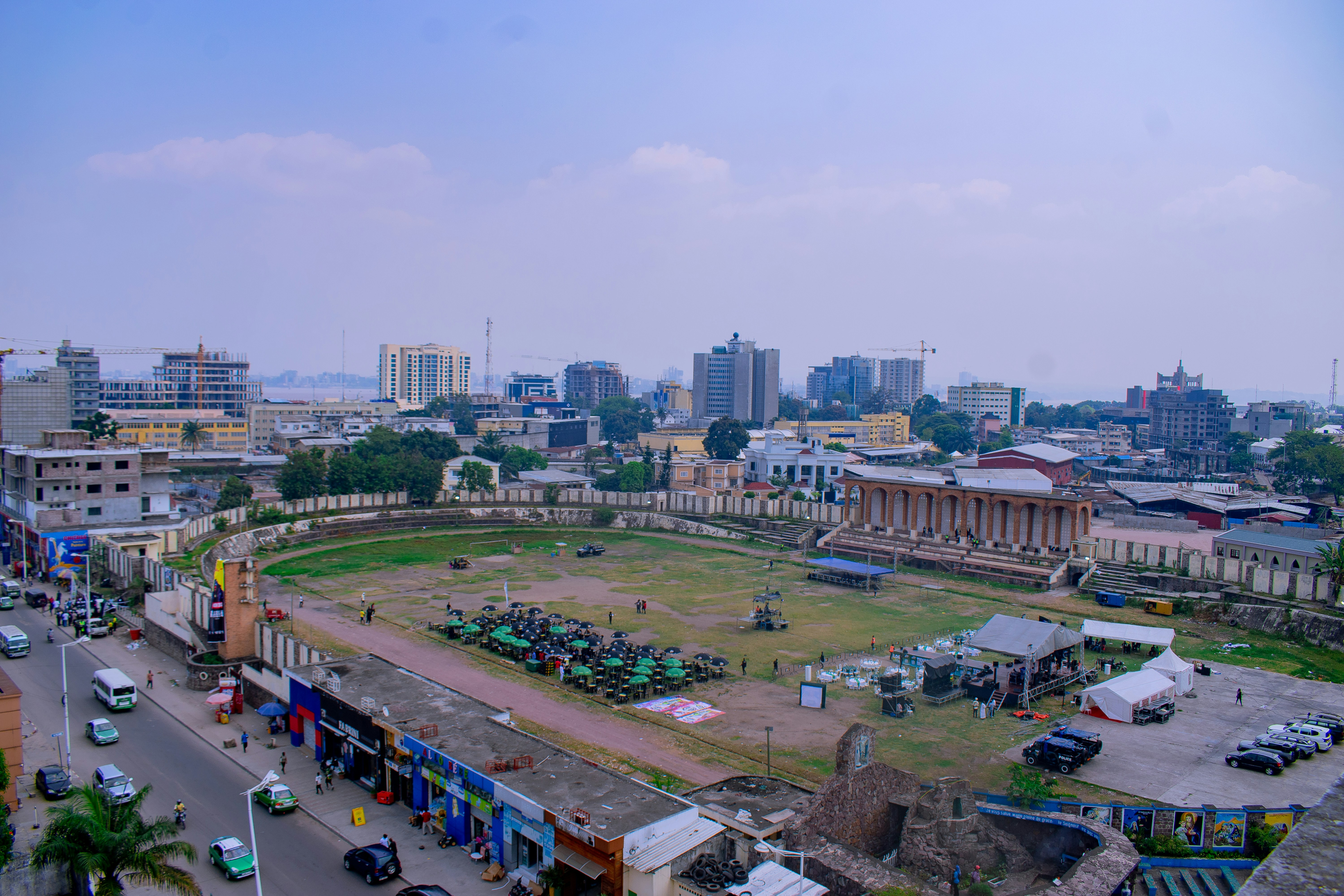 Cityscape with stadium and colonial-era buildings