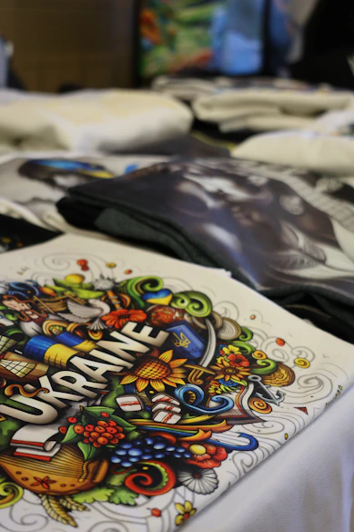 Colorful artwork with the word ukraine on t-shirt.