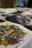 Colorful artwork with the word ukraine on fabric.