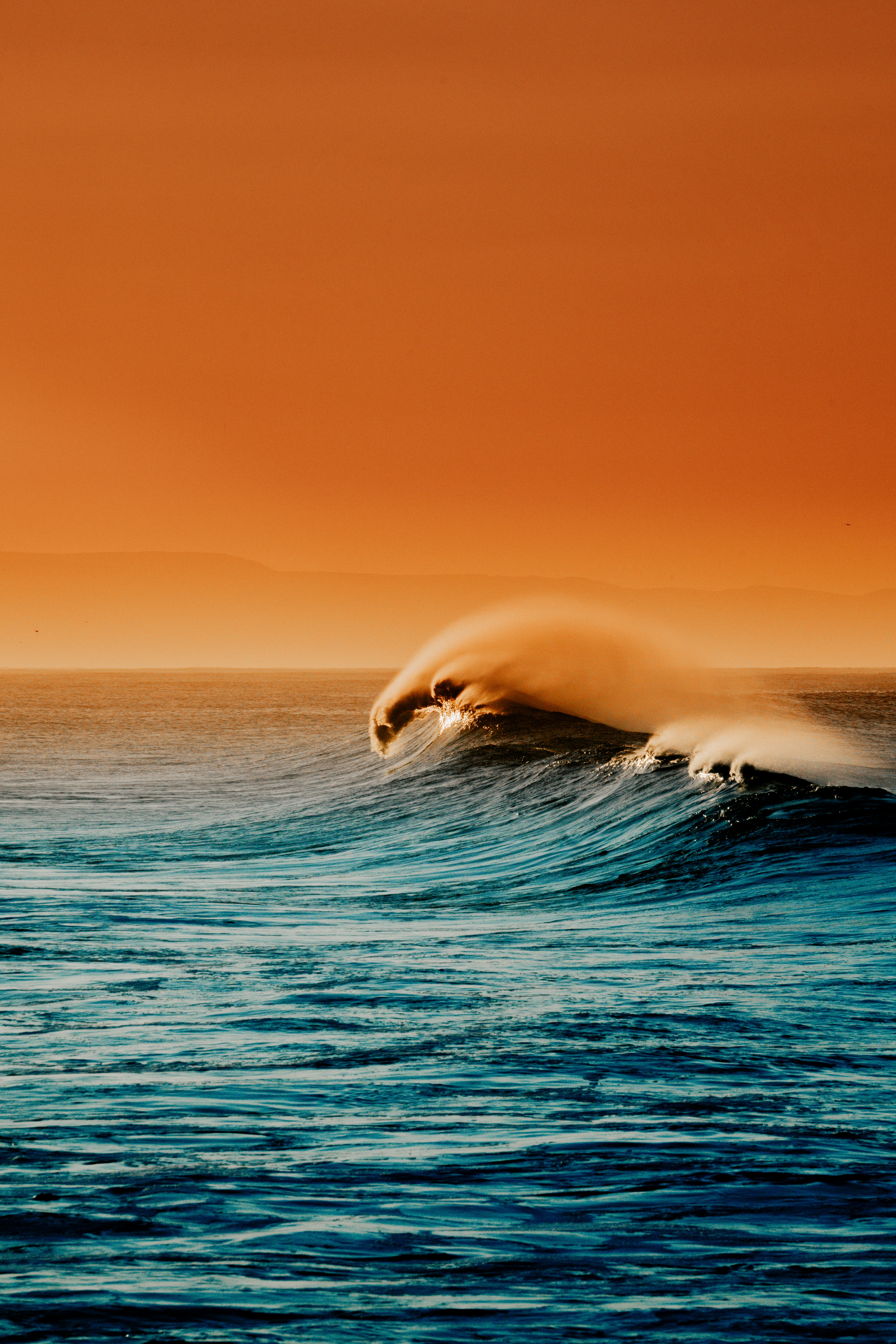 A large ocean wave breaks against the shore.