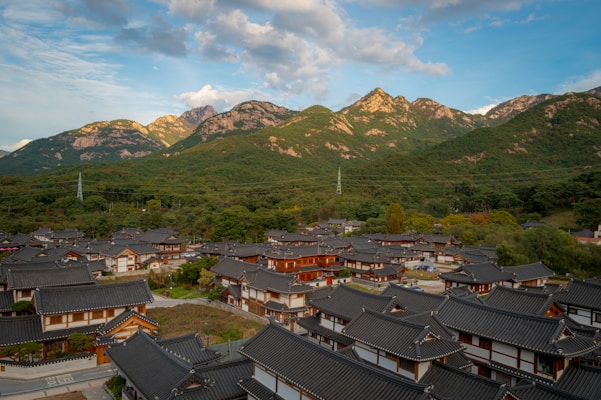 Traditional village nestled at the base of mountains.