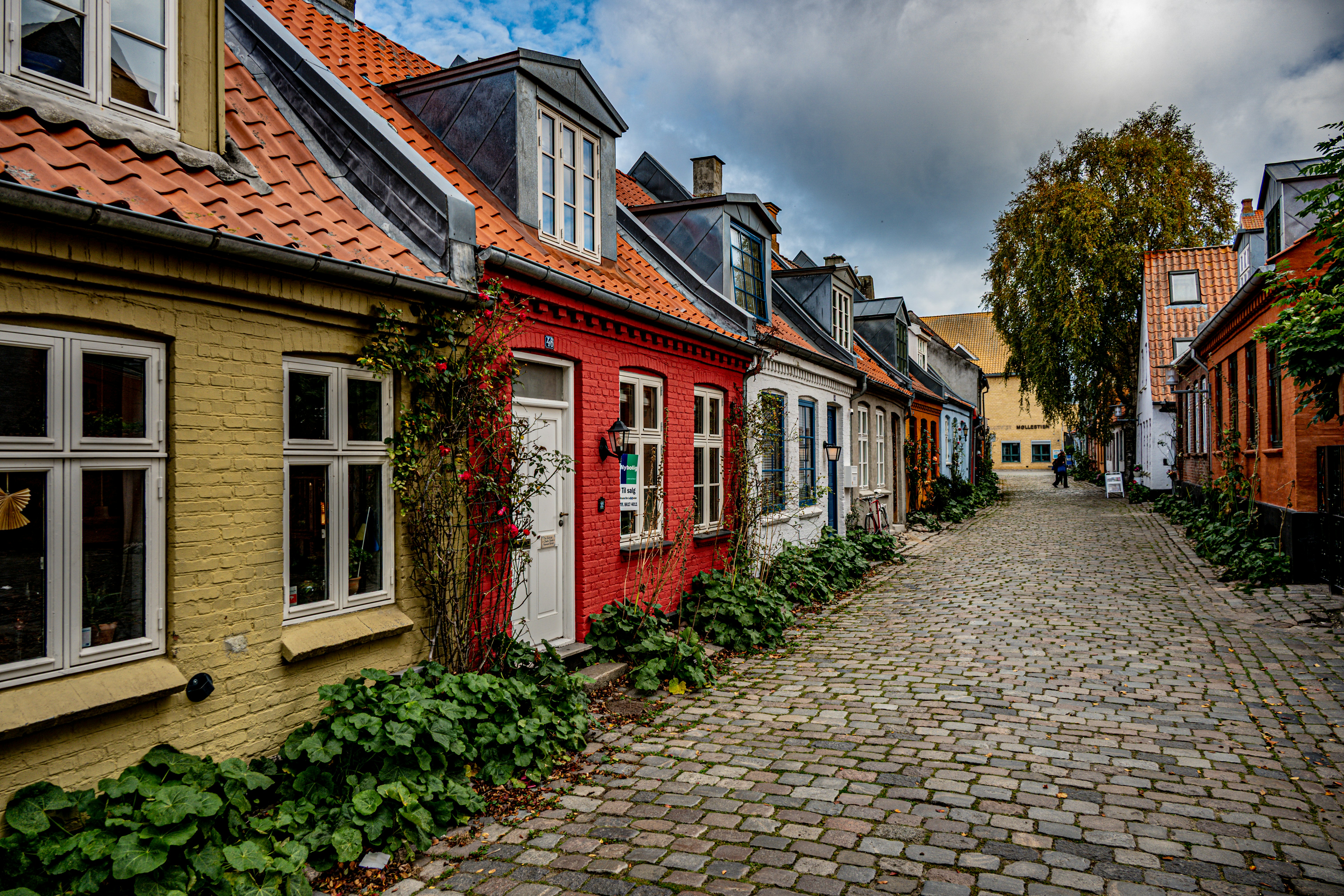 Colorful row houses line a cobblestone street.